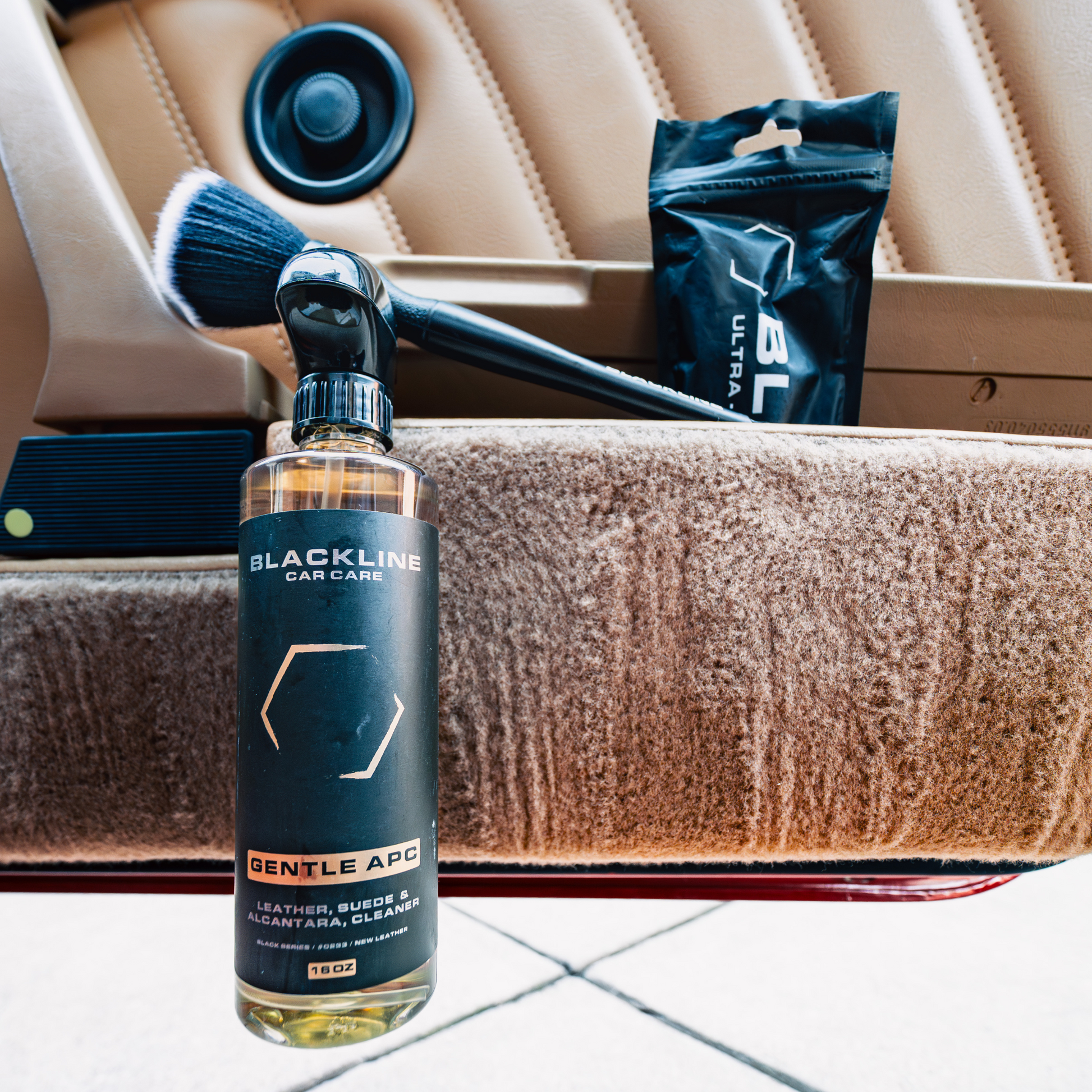 Blackline Car Care BLACKLINE® GENTLE APC all-purpose cleaner in a 16oz spray bottle showing label and nozzle.