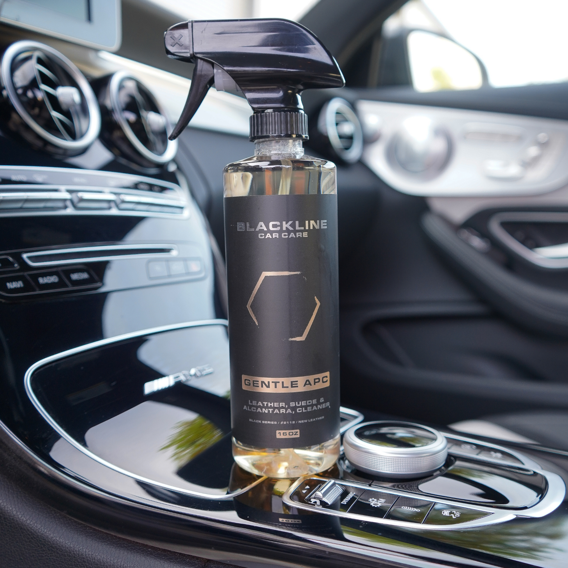 Blackline Car Care BLACKLINE® GENTLE APC all-purpose cleaner in a 16oz bottle, suitable for cleaning various surfaces in vehicles.