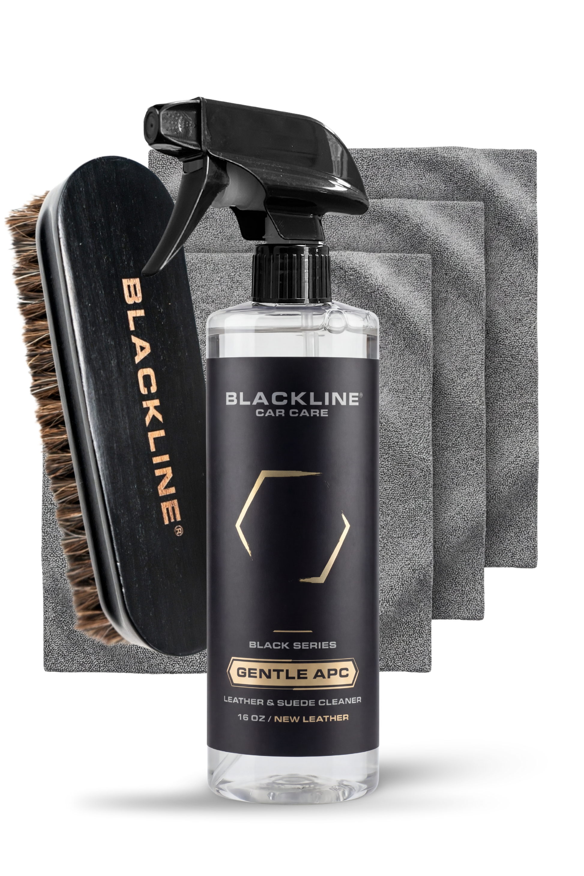 Blackline Car Care BLACKLINE® GENTLE APC all-purpose cleaner in a 16oz spray bottle, suitable for cleaning various surfaces in vehicles.