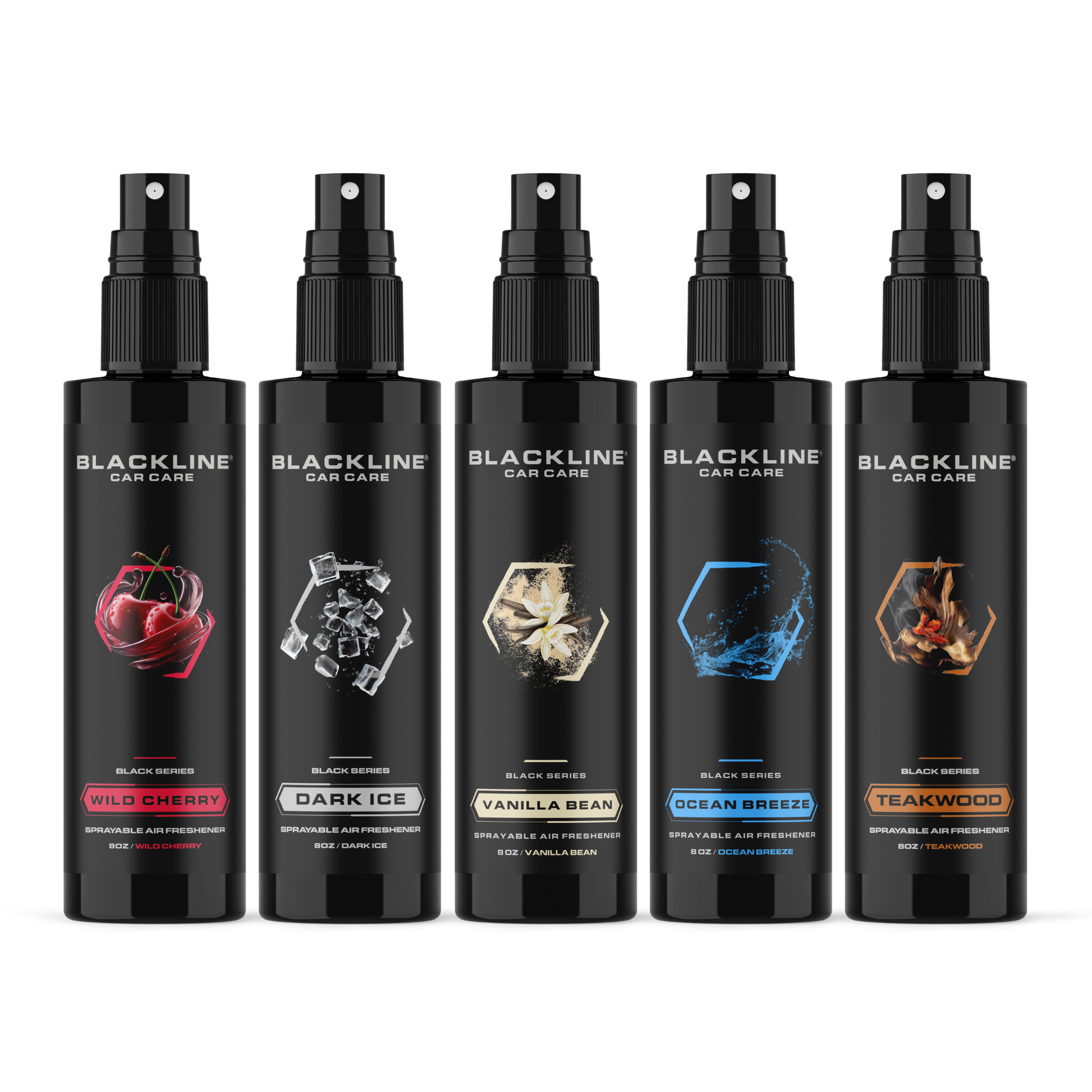 Blackline Car Care 8oz Wild Cherry car air freshener hanging in a vehicle for fresh scent and odor elimination.