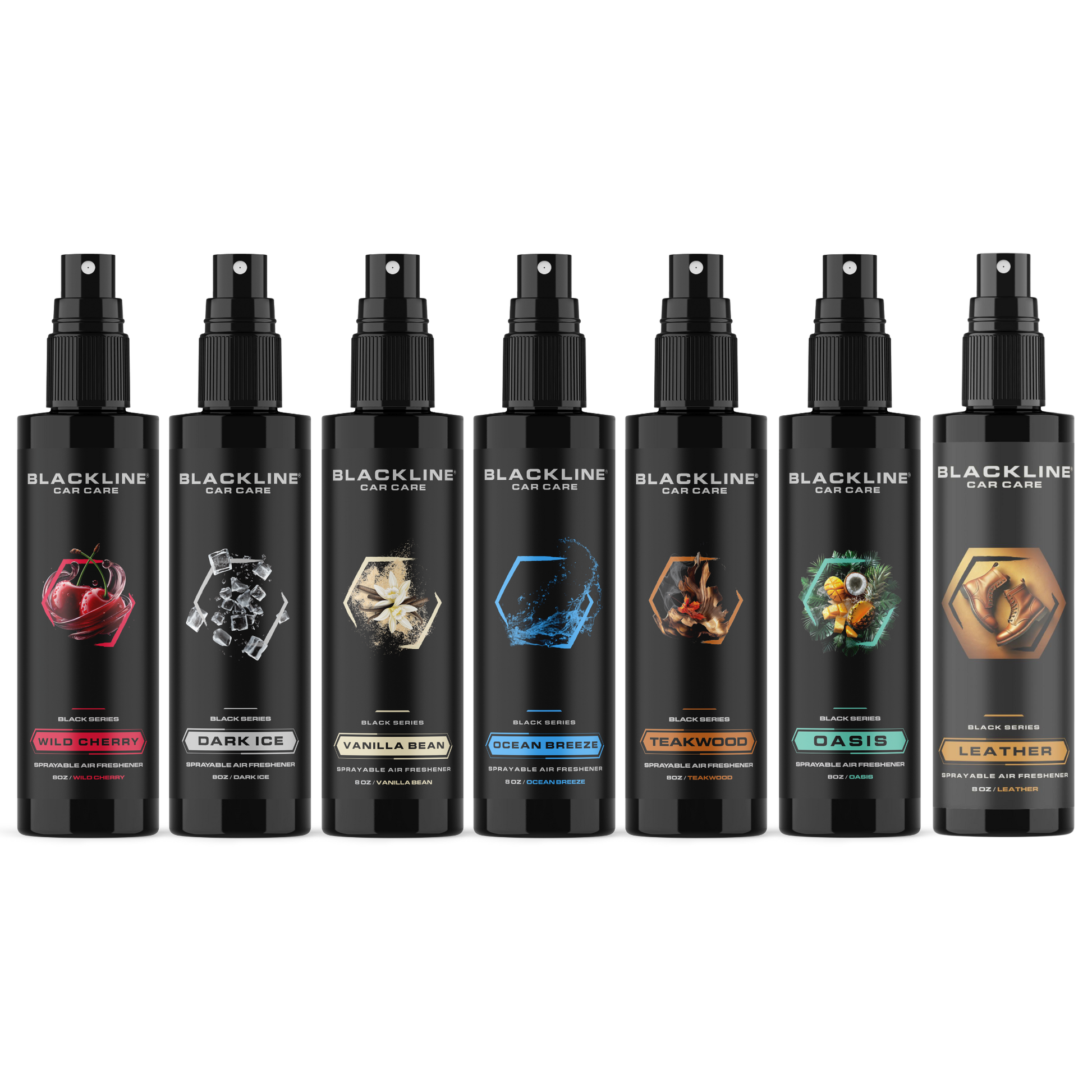 Blackline Car Care 8oz Wild Cherry Car Air Freshener hanging in a vehicle, showcasing fresh cherry scent and sleek black packaging.