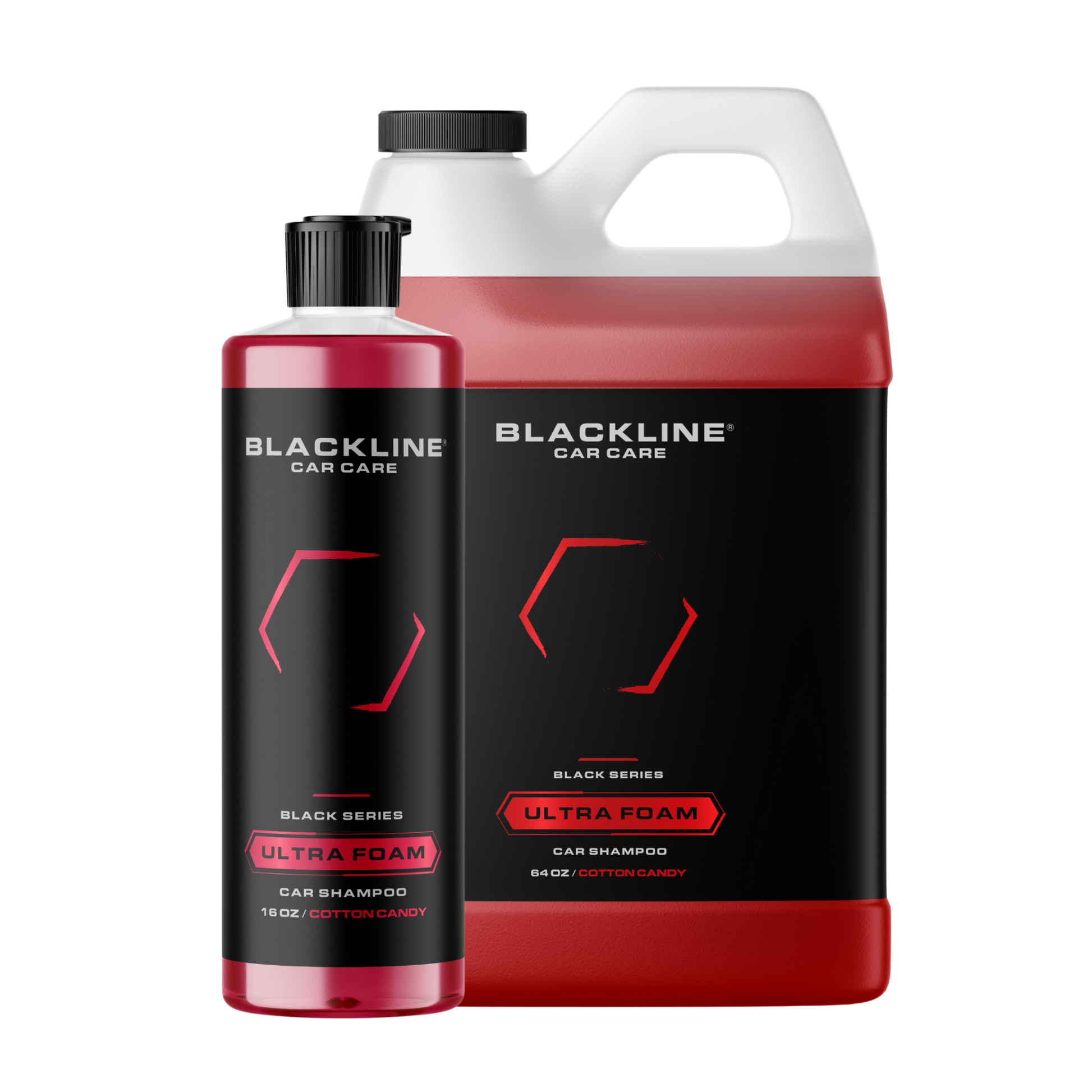 Blackline Car Care BLACKLINE® ULTRA FOAM car shampoo in a 16oz bottle, showcasing the product label and foam texture.