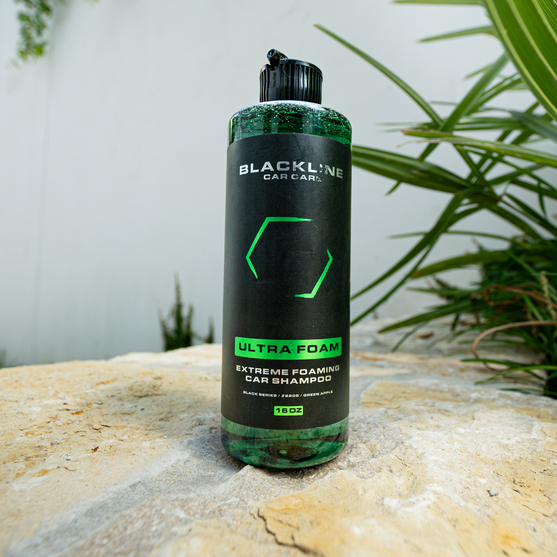 Blackline Car Care BLACKLINE® ULTRA FOAM car shampoo in a 16oz bottle, showcasing its foam and cleaning formula.