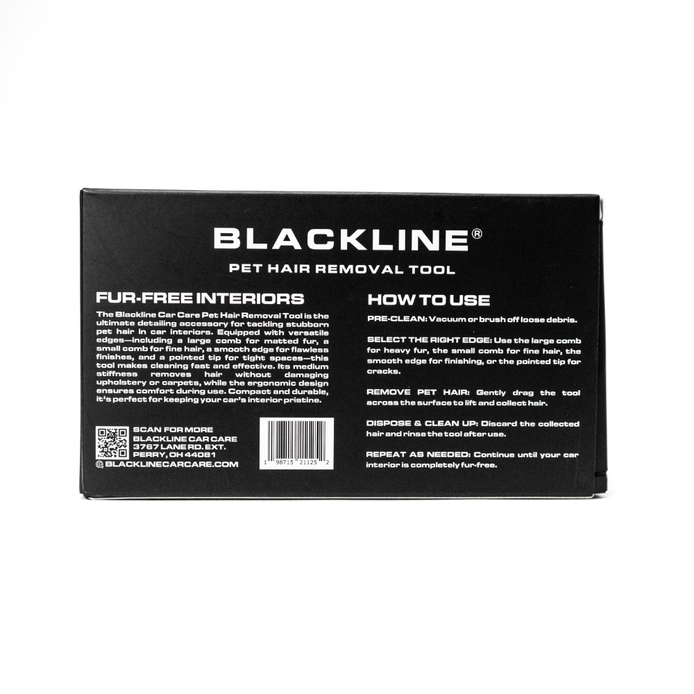Blackline Pet Hair Brush by Blackline Car Care with black handle and bristles for removing pet hair from surfaces