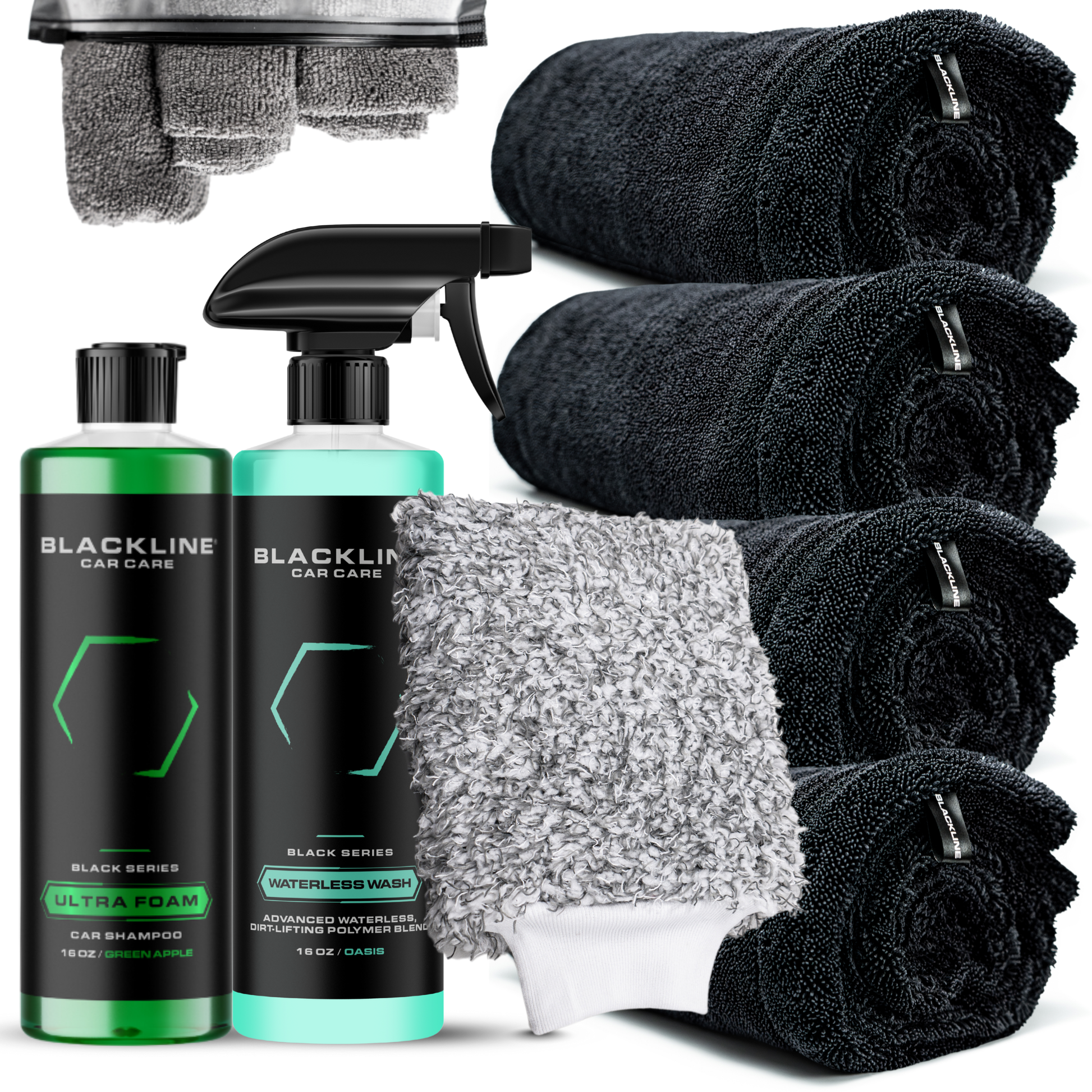 Blackline Car Care twisted-loop drying towel in black, showing its textured, absorbent fabric ideal for drying vehicles.
