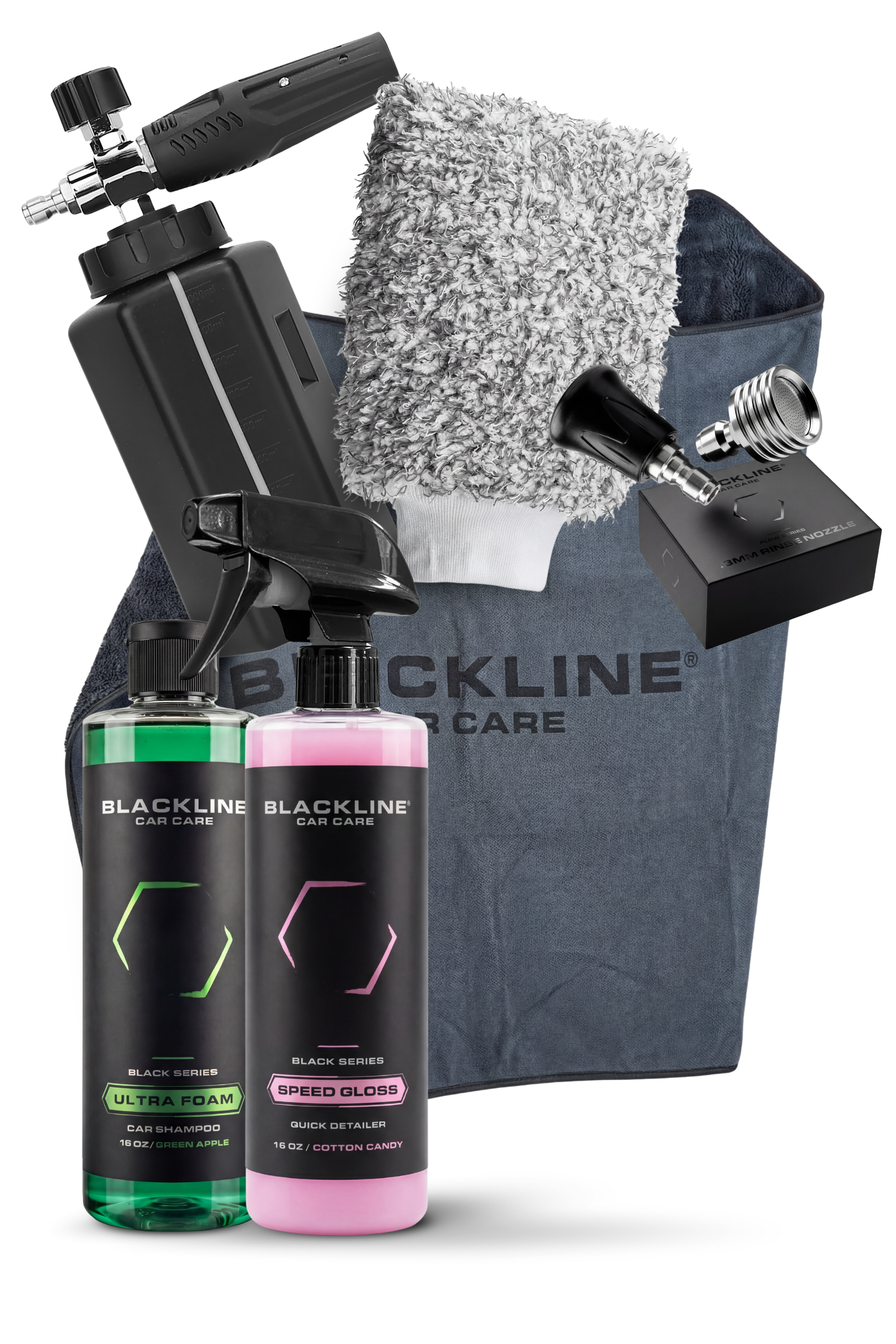 Blackline Car Care BLACKLINE® Foam Cannon 2.0 for car washing, showing the foam cannon with adjustable nozzle and foam output.