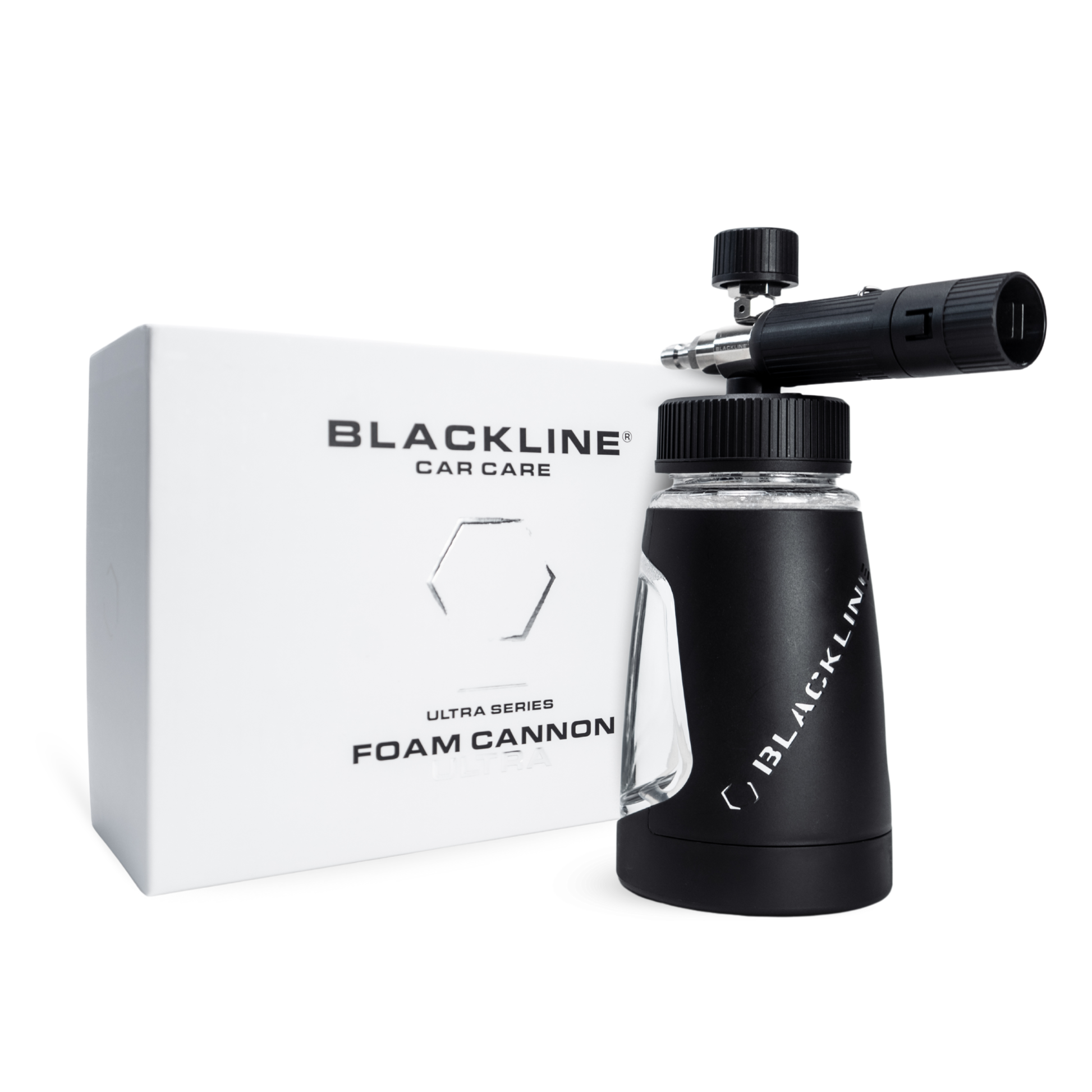 Blackline Car Care BLACKLINE® ULTRA Series Foam Cannon for car washing, black and metal design, attached hose and spray nozzle