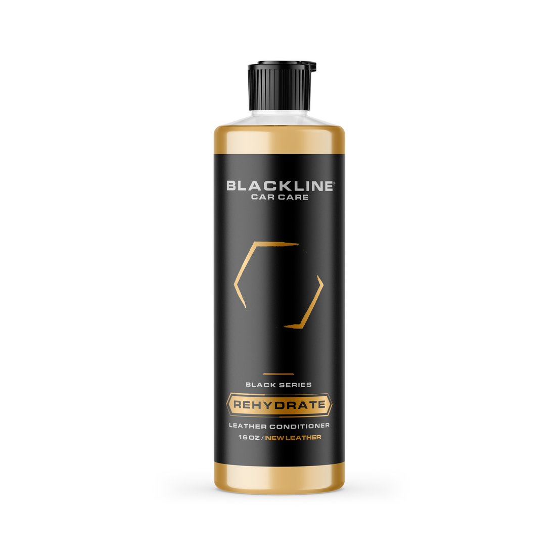 Blackline Car Care BLACKLINE Rehydrate Leather Conditioner bottle showing label and black container for leather care.