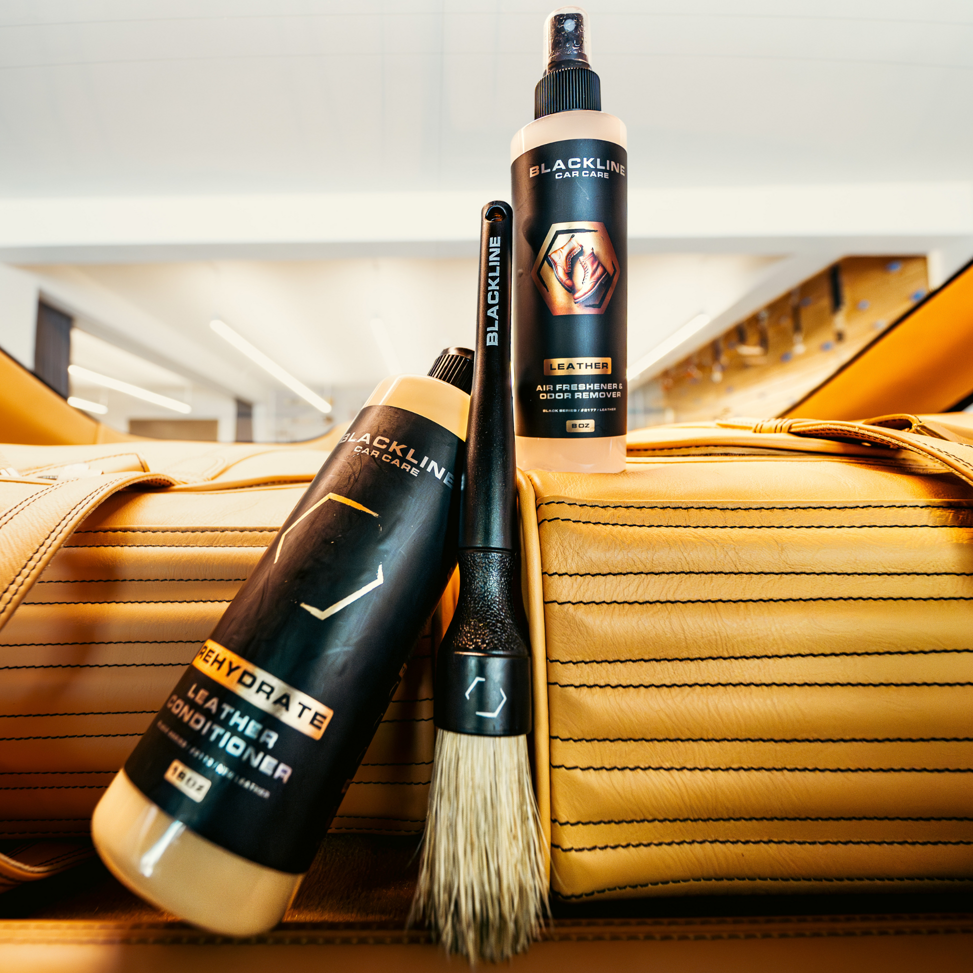 Blackline Car Care BLACKLINE Rehydrate Leather Conditioner for restoring and nourishing leather surfaces in vehicles.