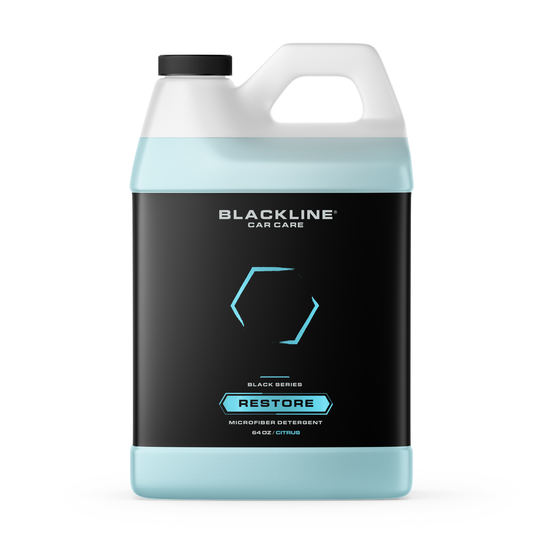 Blackline Car Care BLACKLINE® RESTORE microfiber detergent bottle, 16oz, for cleaning and maintaining microfiber car accessories.