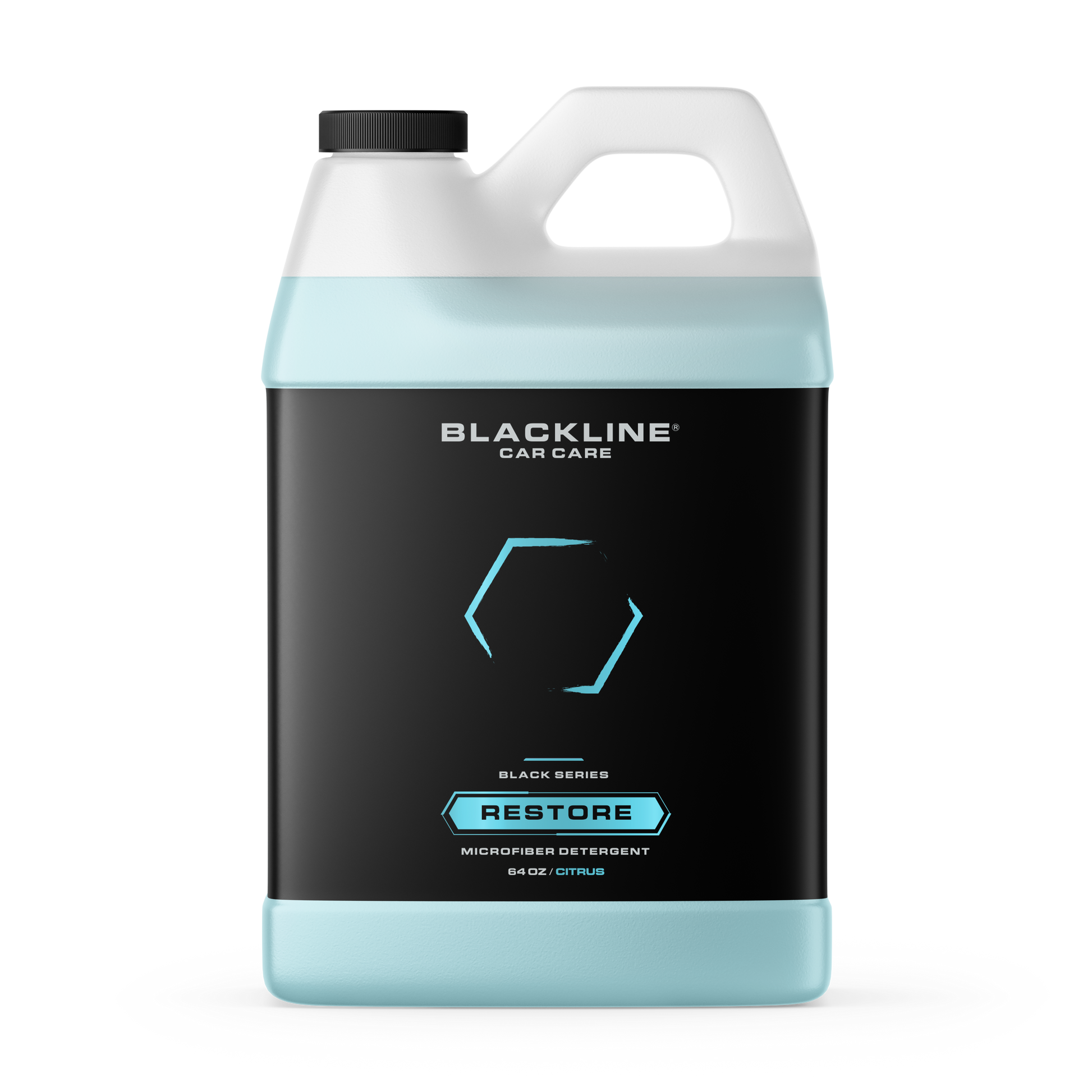 Blackline Car Care BLACKLINE® RESTORE microfiber detergent bottle, 16oz, for cleaning and maintaining microfiber car accessories.