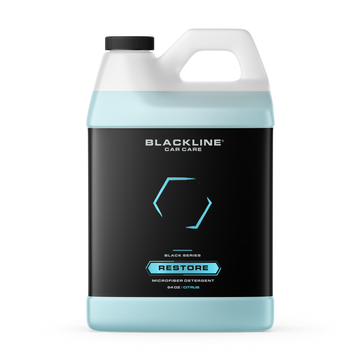 Blackline Car Care BLACKLINE® RESTORE microfiber detergent bottle, 16oz, for cleaning and maintaining microfiber car accessories.