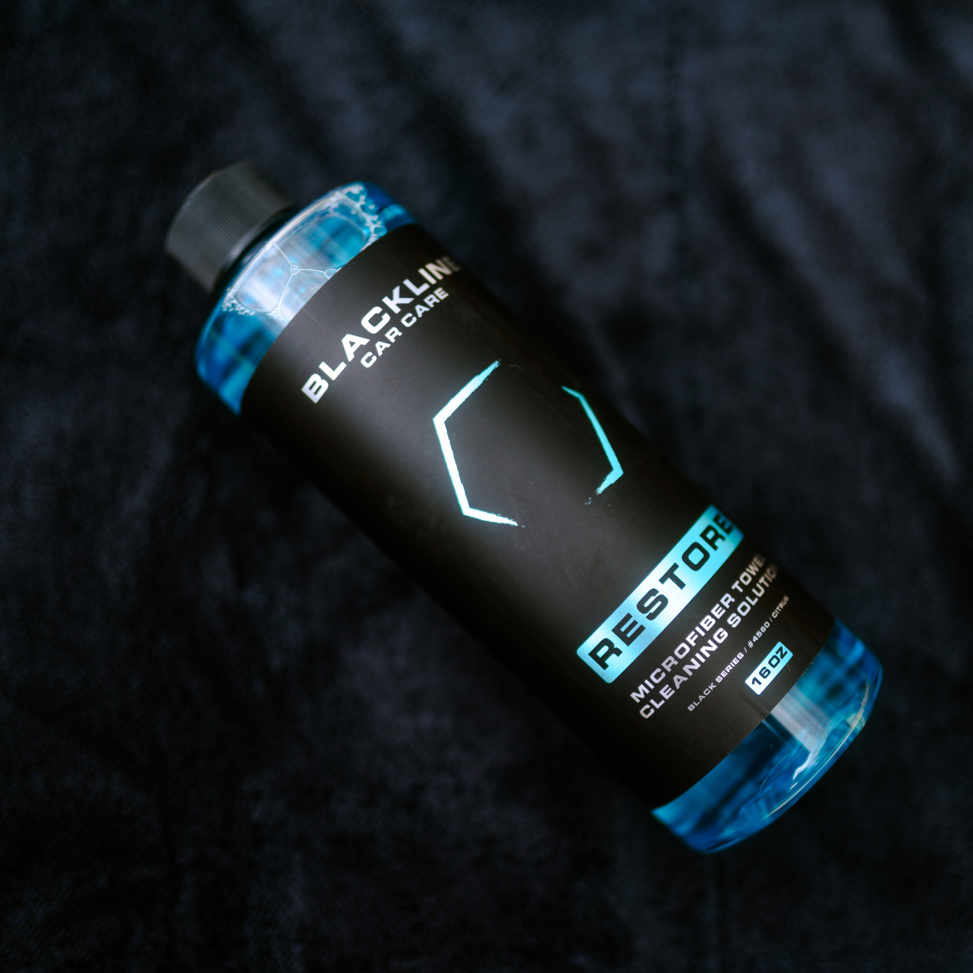 Blackline Car Care BLACKLINE® Restore microfiber detergent bottle, 16oz, for cleaning microfiber car detailing products.