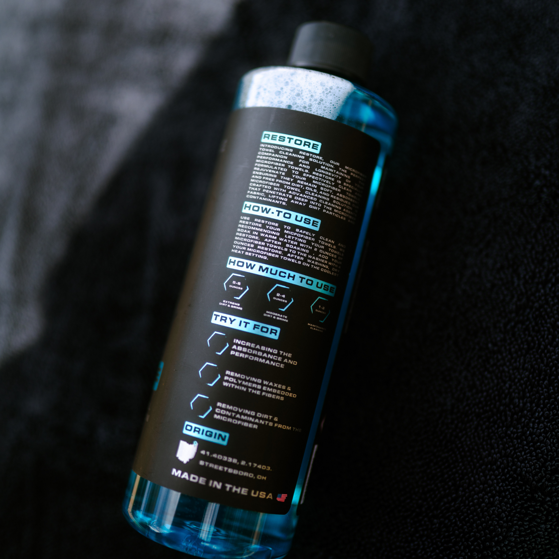 Blackline Car Care BLACKLINE® Restore microfiber detergent bottle, 16oz, with label showing product details and brand logo