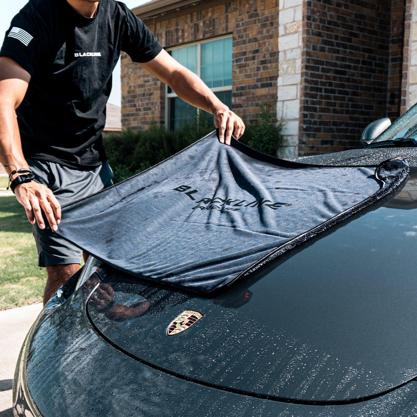 Blackline Car Care BLACKLINE® Slim Twisted-Loop Drying Towel draped over a car, showcasing its lightweight, absorbent microfiber design.