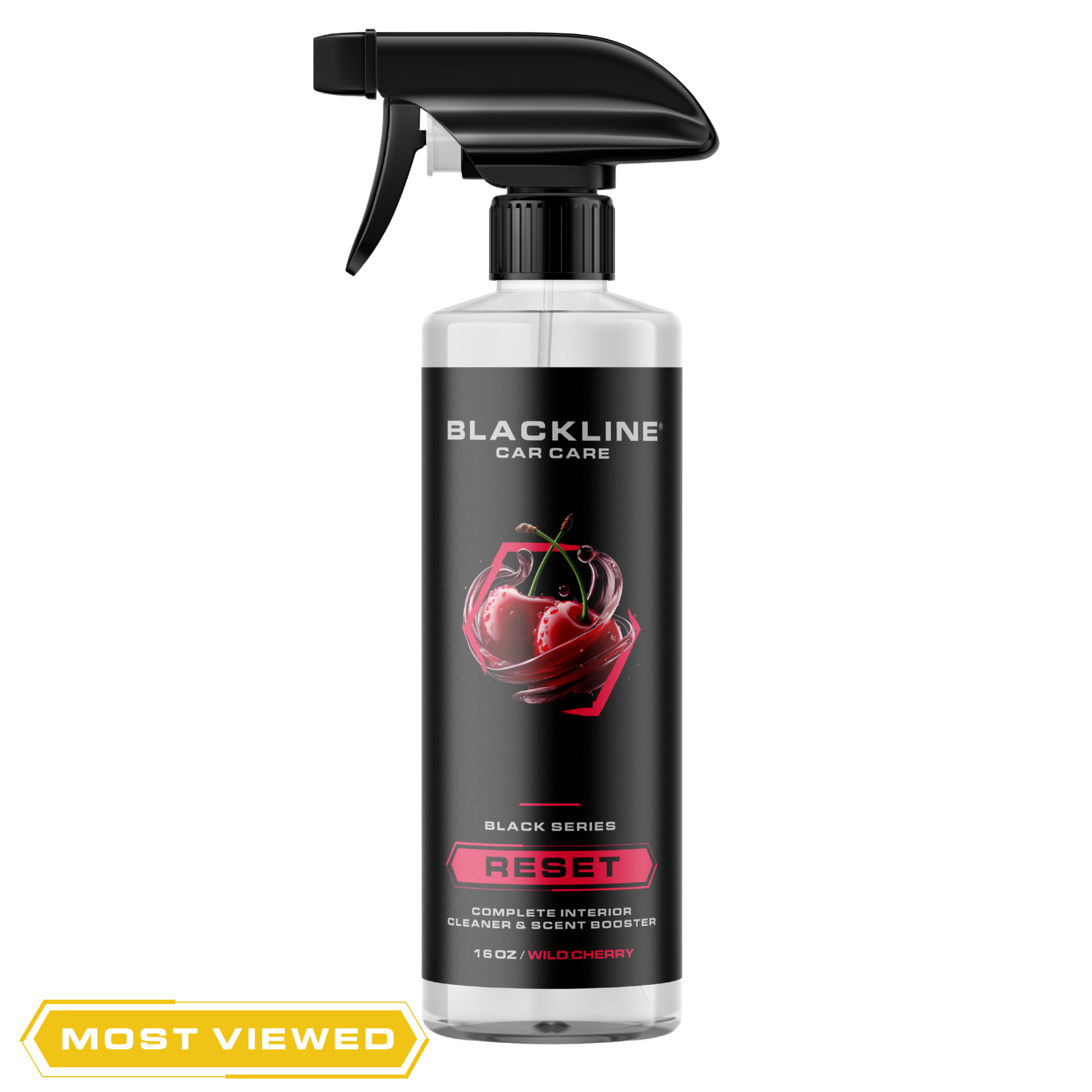 Blackline Car Care BLACKLINE® RESET interior cleaner and scent booster bottle, dark ice scent, for vehicle interior cleaning.