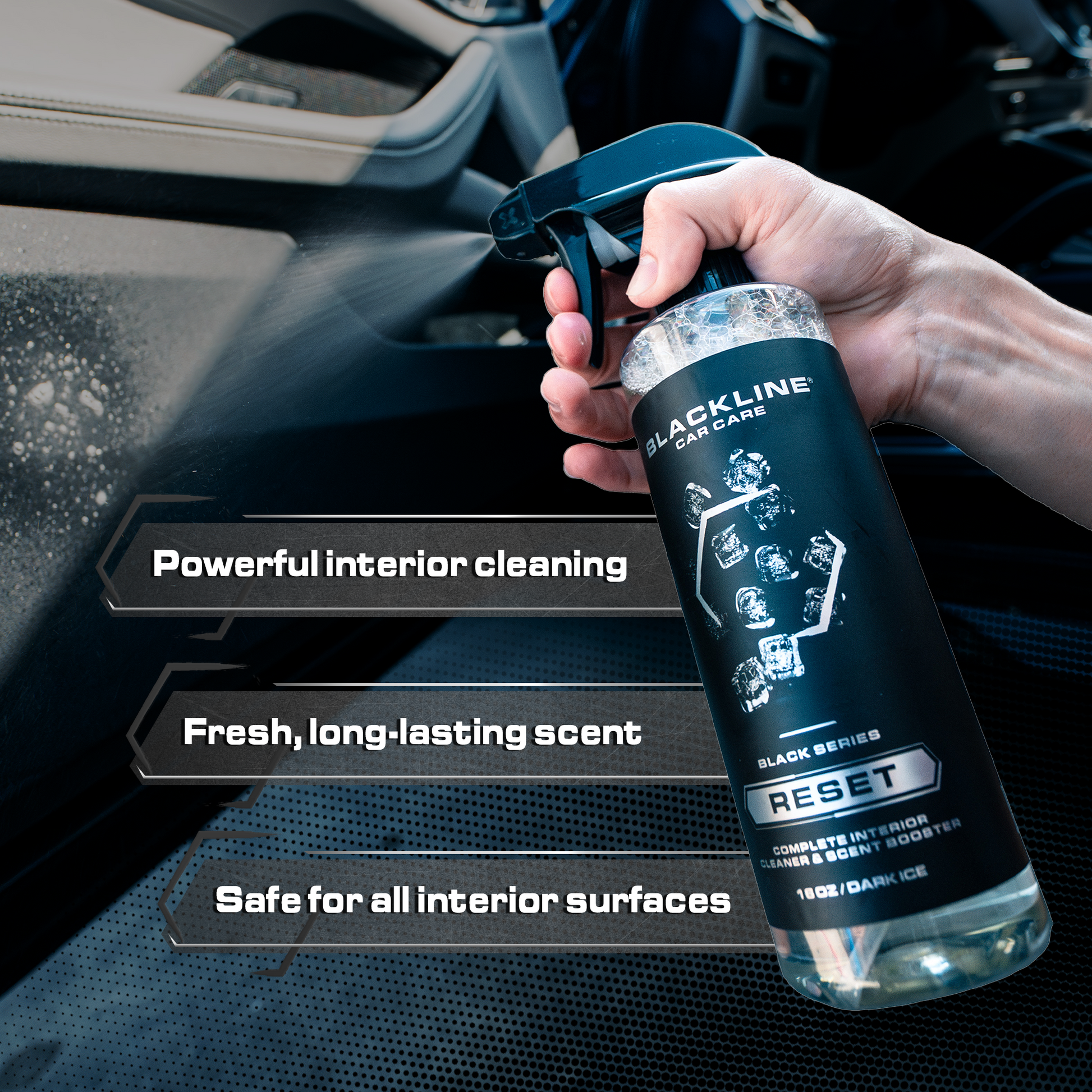 Blackline Car Care BLACKLINE® RESET interior cleaner and scent booster bottle with dark ice scent.