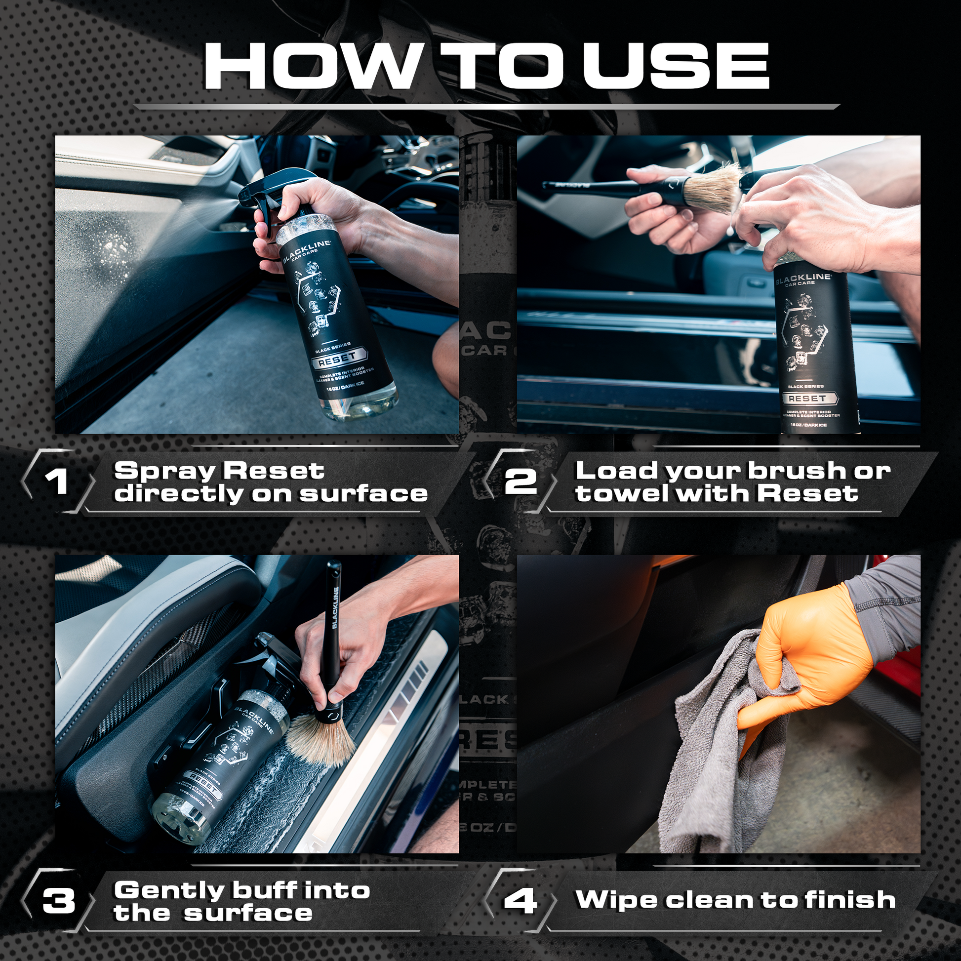 Blackline Car Care BLACKLINE® RESET Interior Cleaner and Scent Booster bottle with dark ice scent on white background