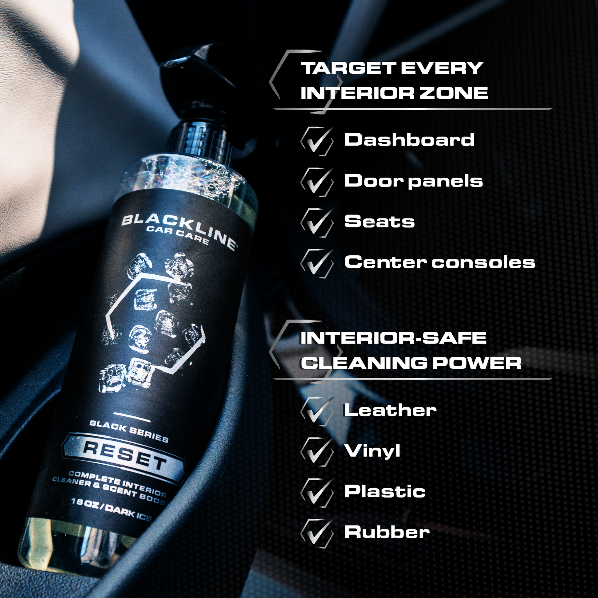 Blackline Car Care BLACKLINE® RESET Interior Cleaner and Scent Booster bottle, dark ice scent, for vehicle interior cleaning.