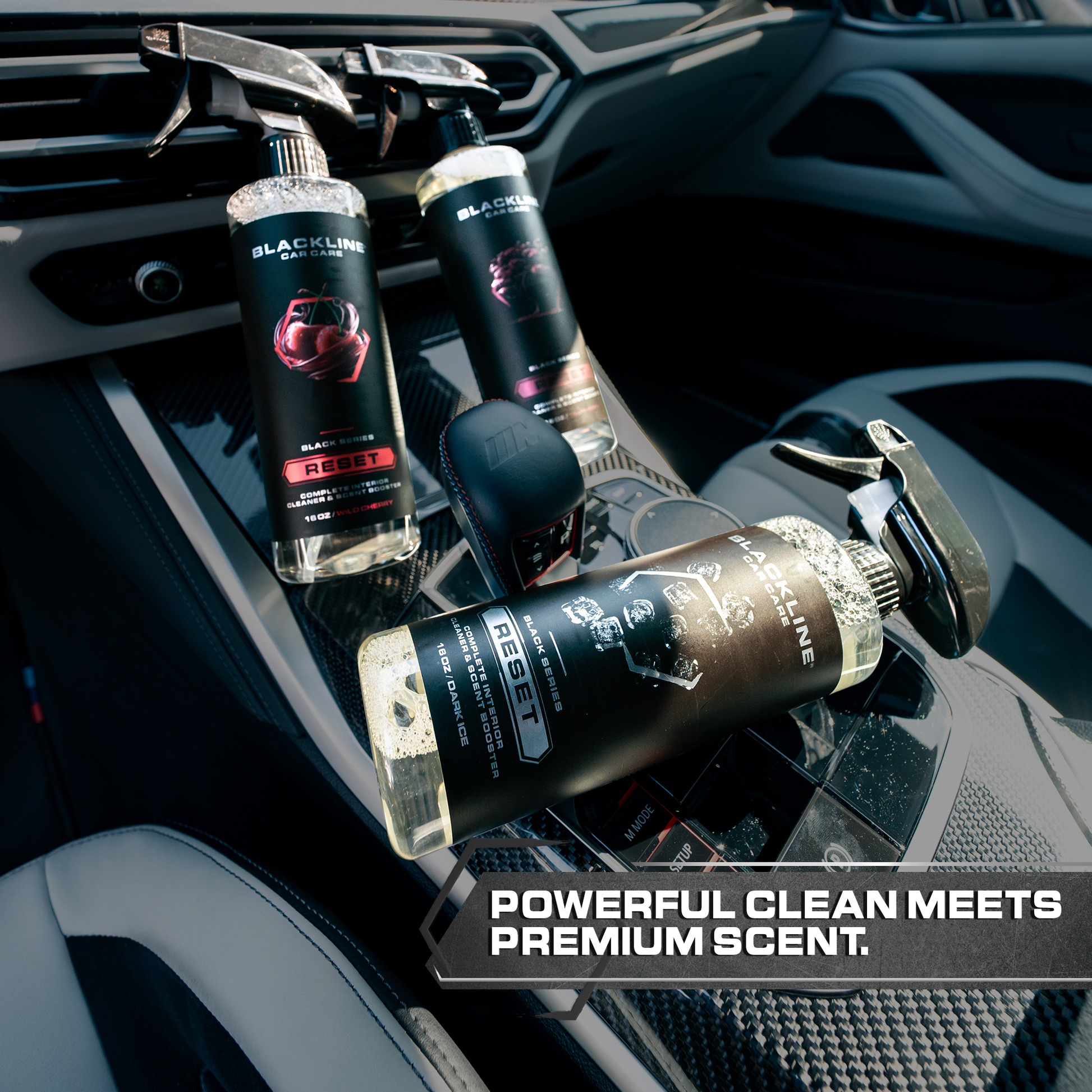 Blackline Car Care BLACKLINE® RESET interior cleaner and scent booster bottle for vehicle cleaning and freshening.