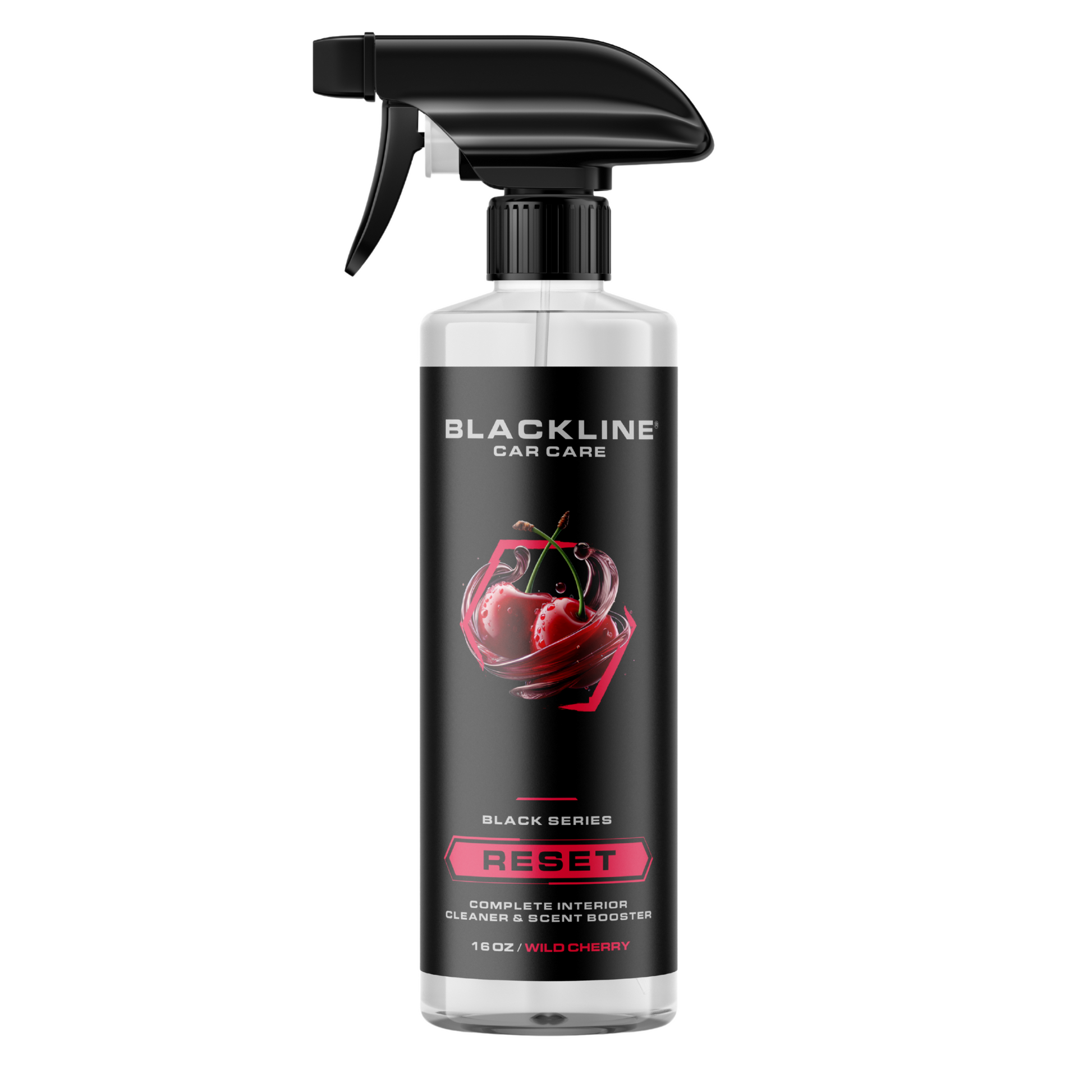 Blackline Car Care BLACKLINE® RESET interior cleaner and scent booster bottle with dark ice scent, designed for vehicle interior cleaning.