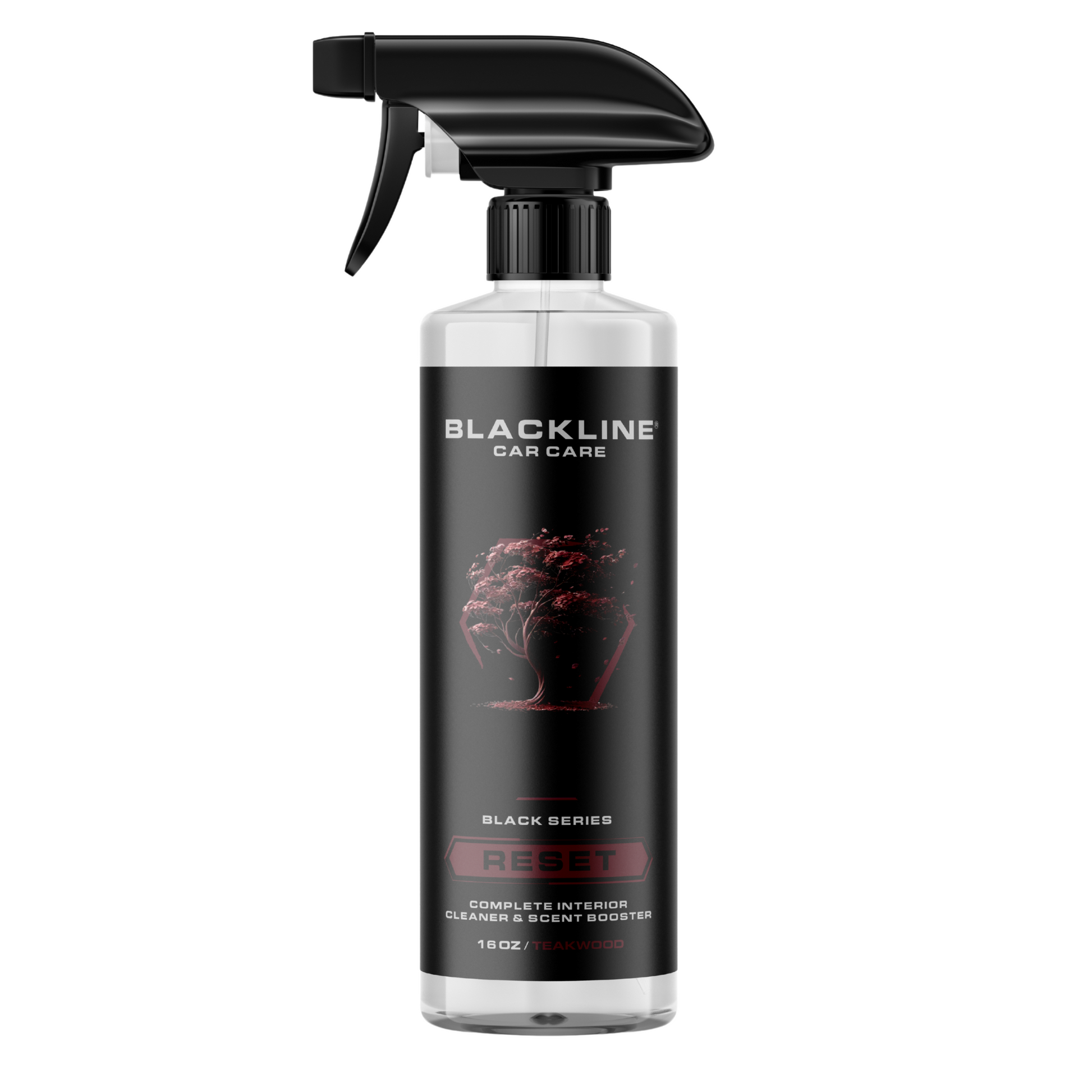 Blackline Car Care BLACKLINE® RESET interior cleaner and scent booster for vehicle interior cleaning and freshening.