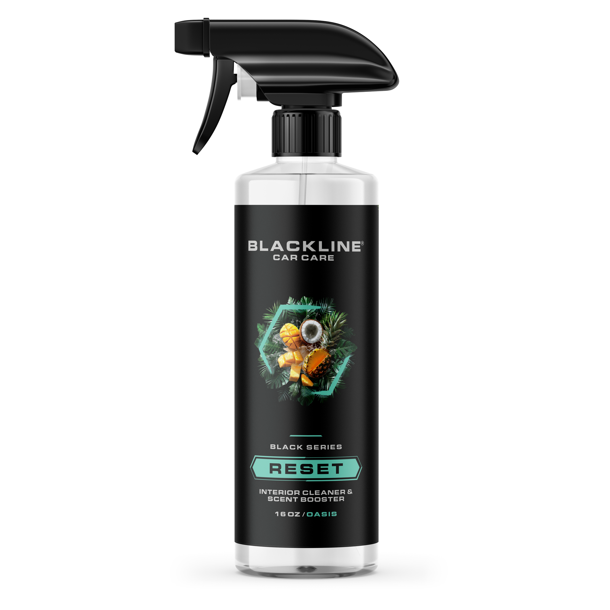 Blackline Car Care BLACKLINE® RESET interior cleaner with scent booster, dark ice scent, for vehicle interior cleaning and freshening.