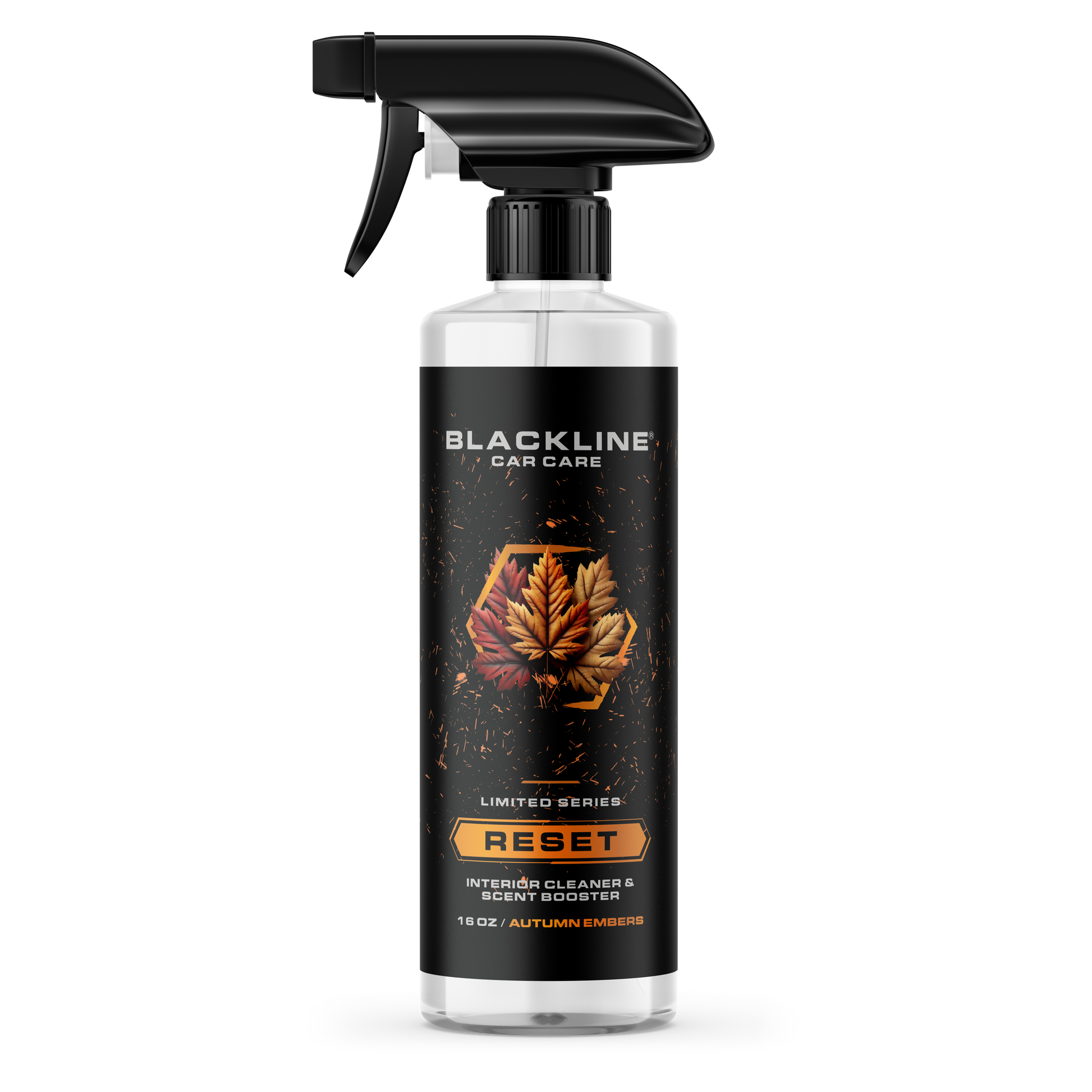 Blackline Car Care BLACKLINE® RESET interior cleaner and scent booster, dark ice scent, for vehicle interior cleaning and freshening.