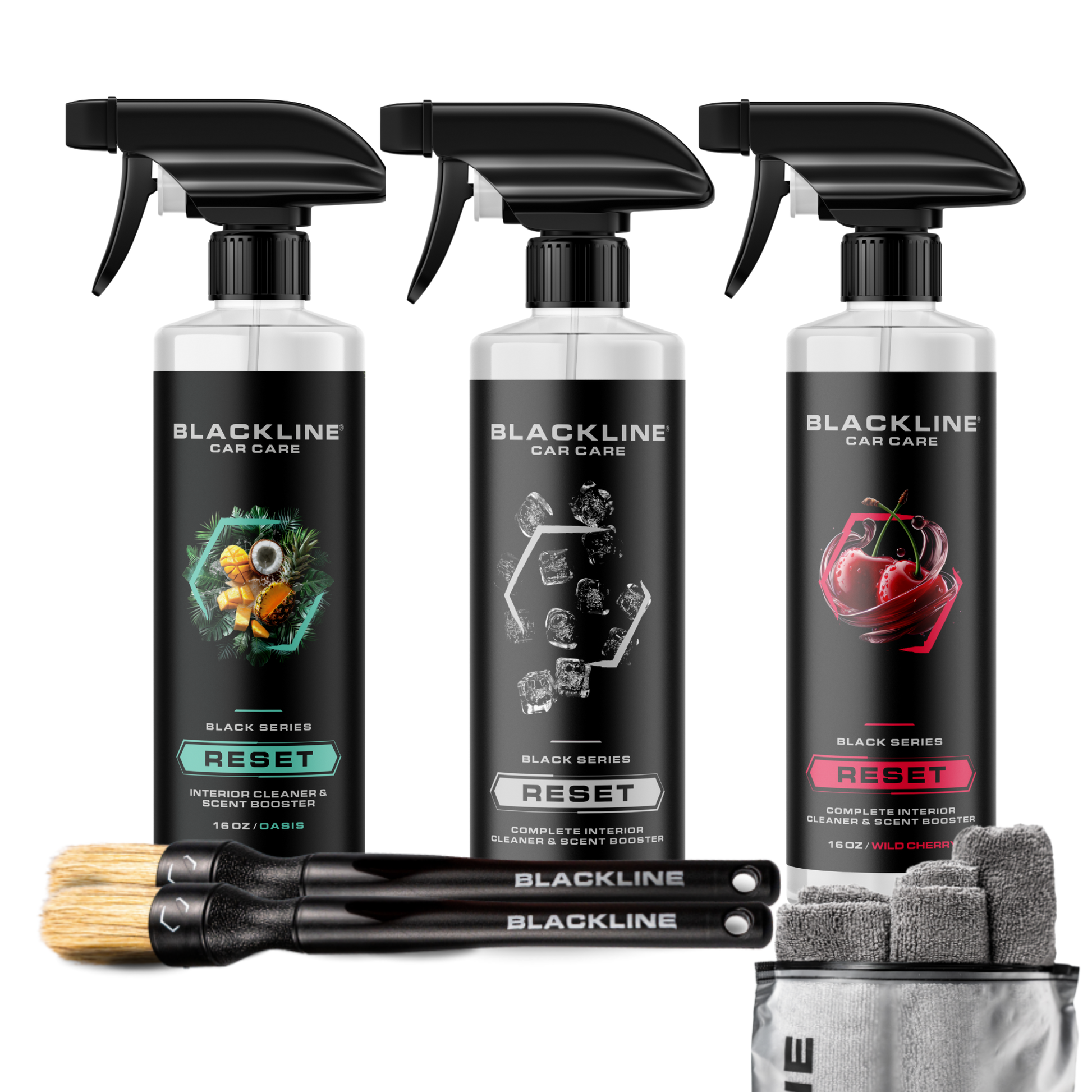 Blackline Car Care BLACKLINE® RESET interior cleaner and scent booster bottle, dark ice scent, for vehicle interior cleaning.