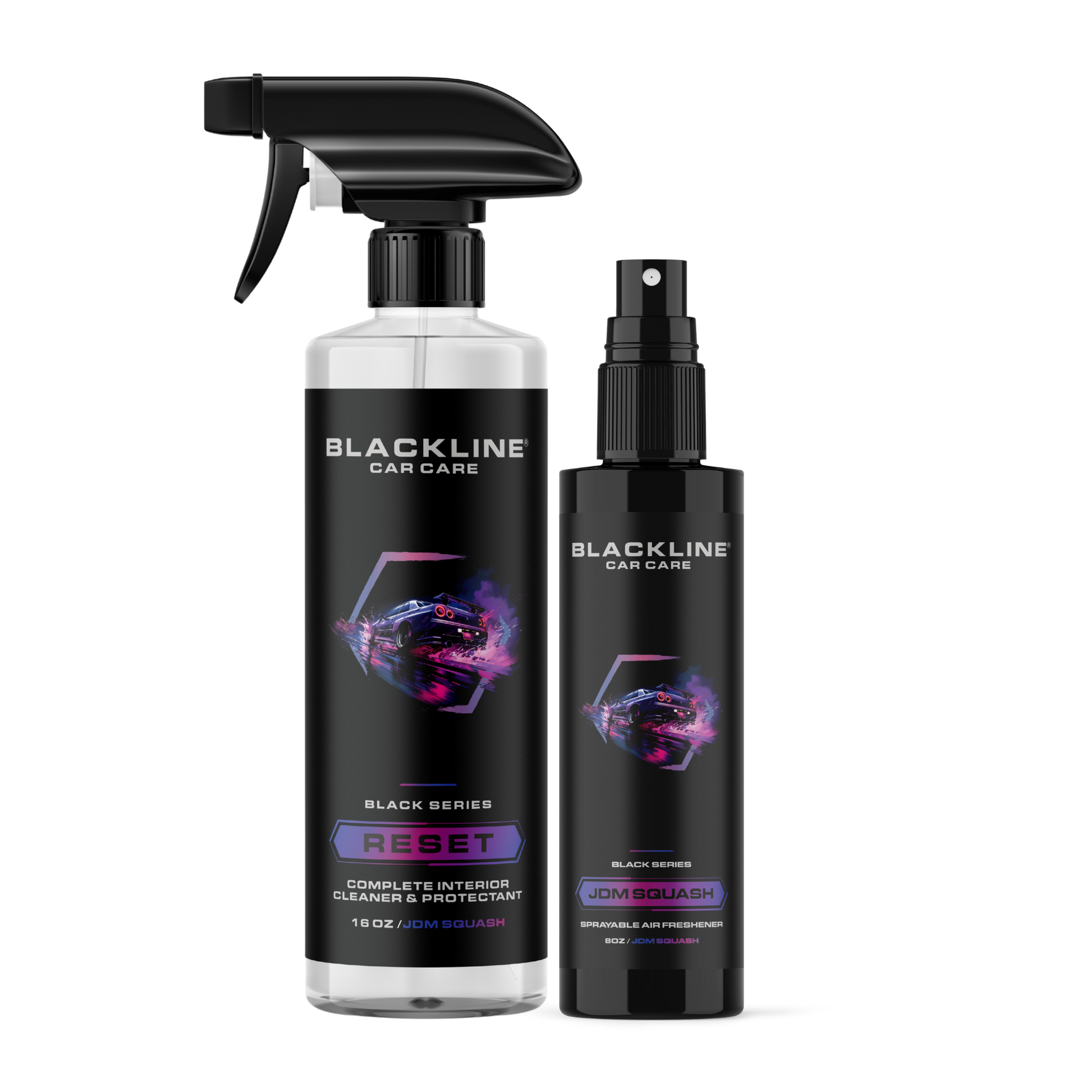 Blackline Car Care BLACKLINE® RESET interior cleaner and scent booster bottle for vehicle interior cleaning and freshening.