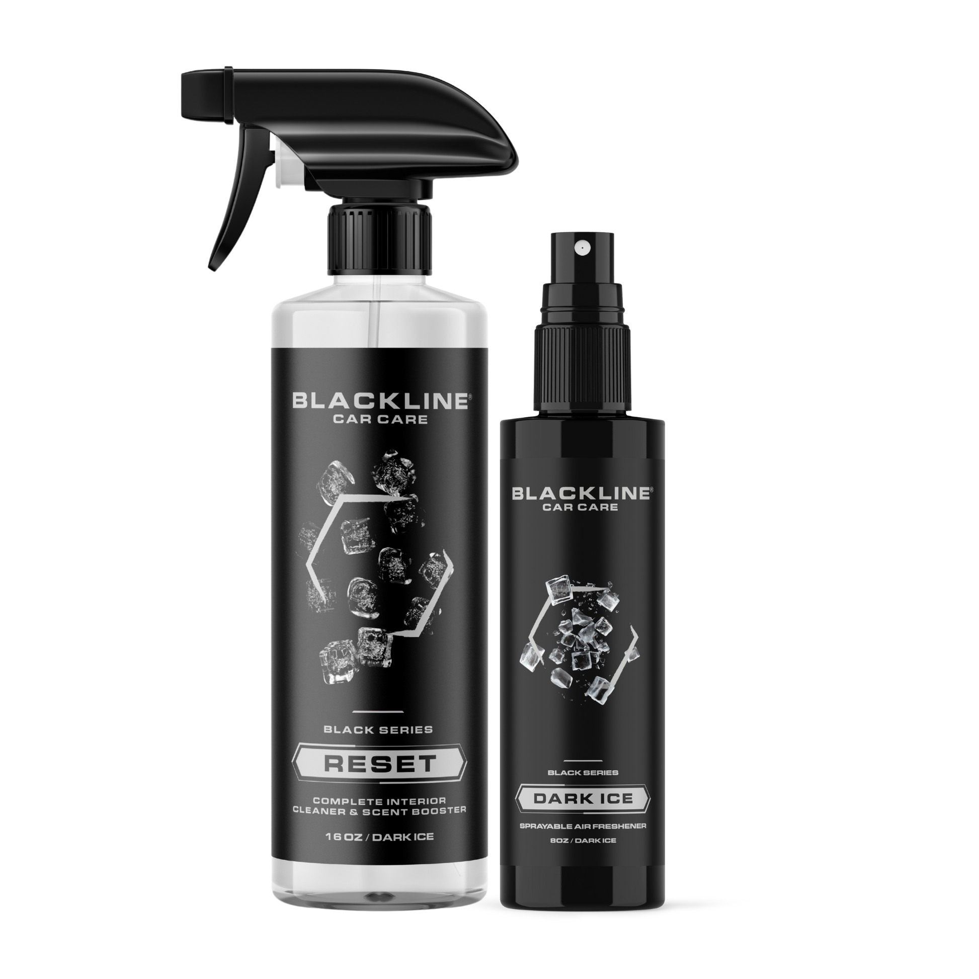 Blackline Car Care BLACKLINE® RESET interior cleaner and scent booster in a dark ice scent, shown in a spray bottle.