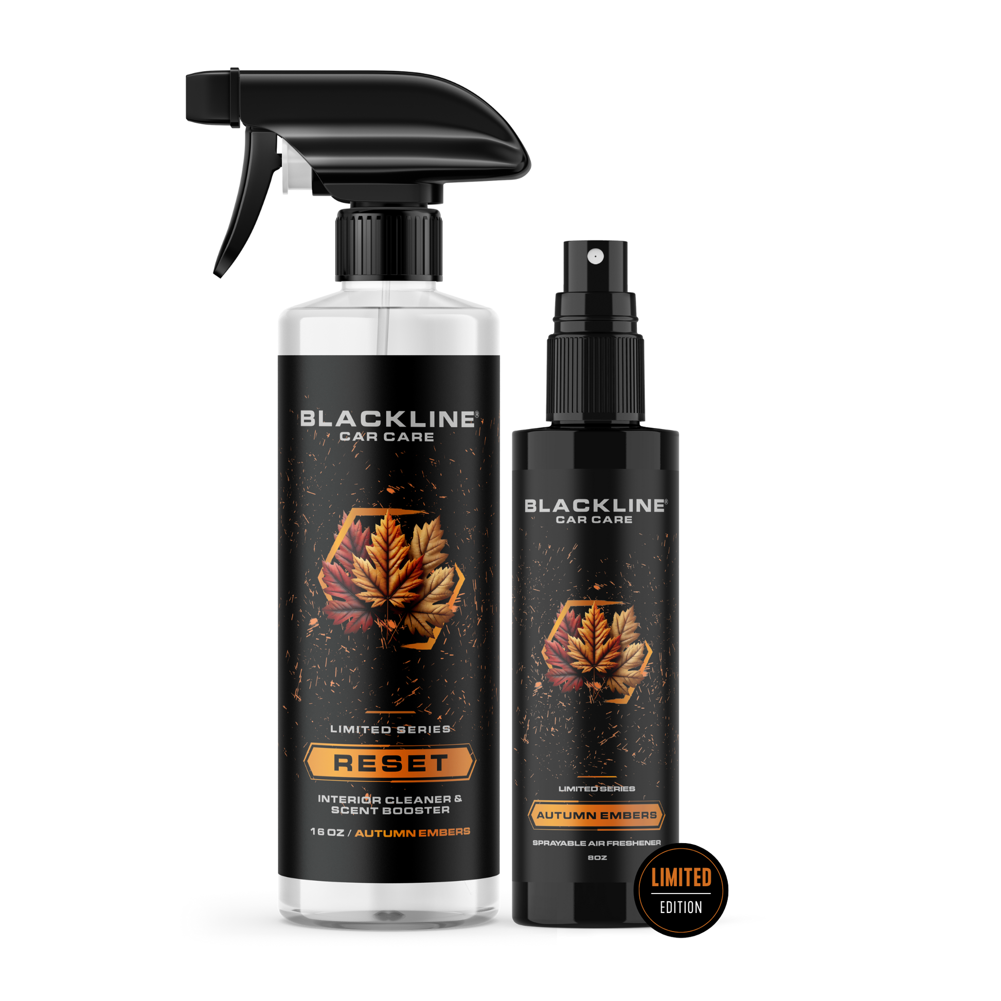 Blackline Car Care BLACKLINE® RESET interior cleaner and scent booster bottle with dark ice scent.