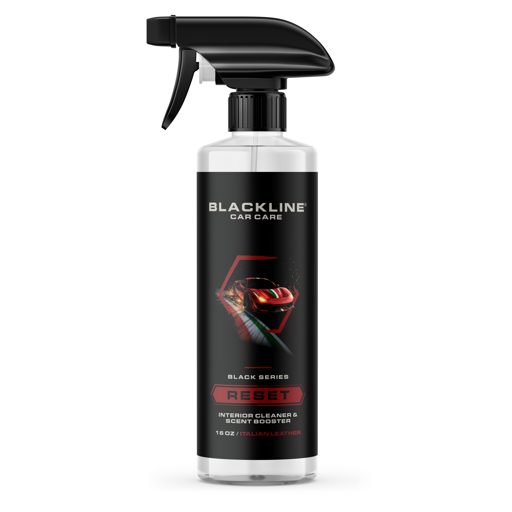 Blackline Car Care BLACKLINE® RESET interior cleaner and scent booster bottle with dark ice scent, designed for vehicle interior cleaning.