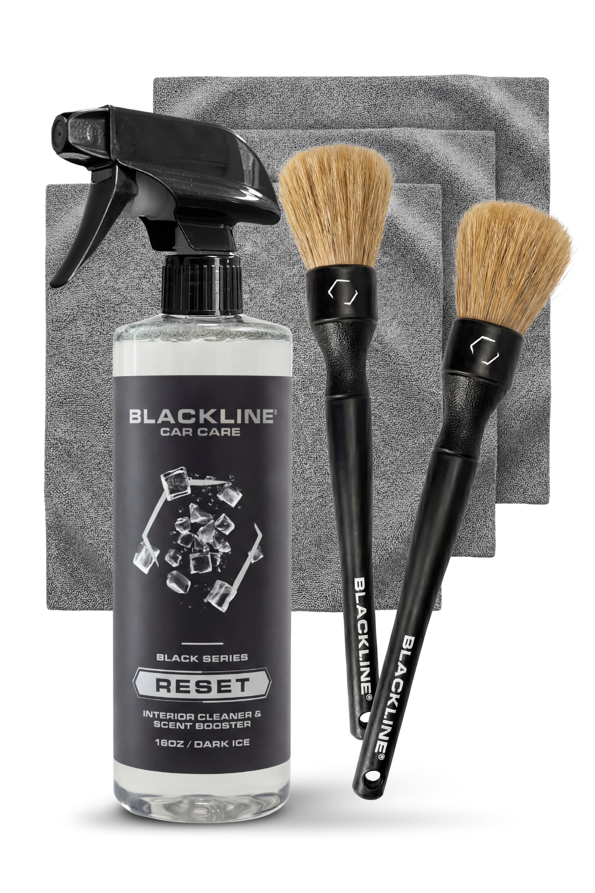 Blackline Car Care BLACKLINE® RESET interior cleaner and scent booster bottle for vehicle cleaning and freshening.