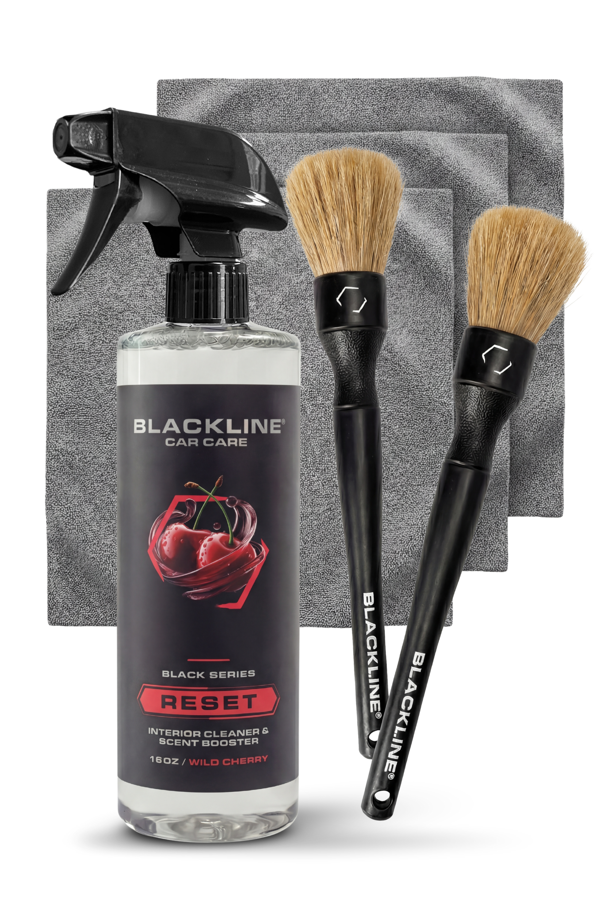 Blackline Car Care BLACKLINE® RESET interior cleaner and scent booster in a spray bottle, designed for car interior cleaning and freshening.