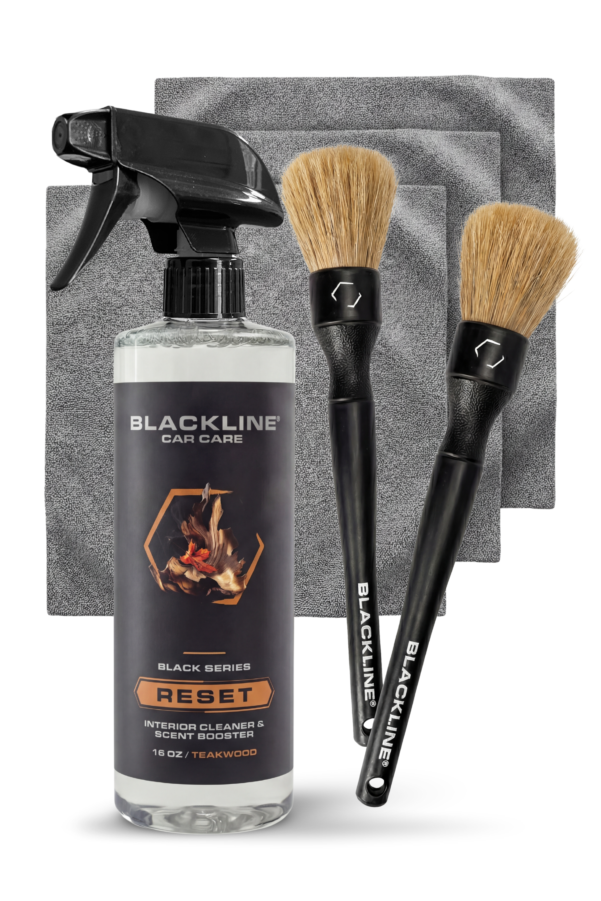 Blackline Car Care BLACKLINE® RESET interior cleaner and scent booster bottle, dark ice scent, for vehicle interior cleaning and freshening.