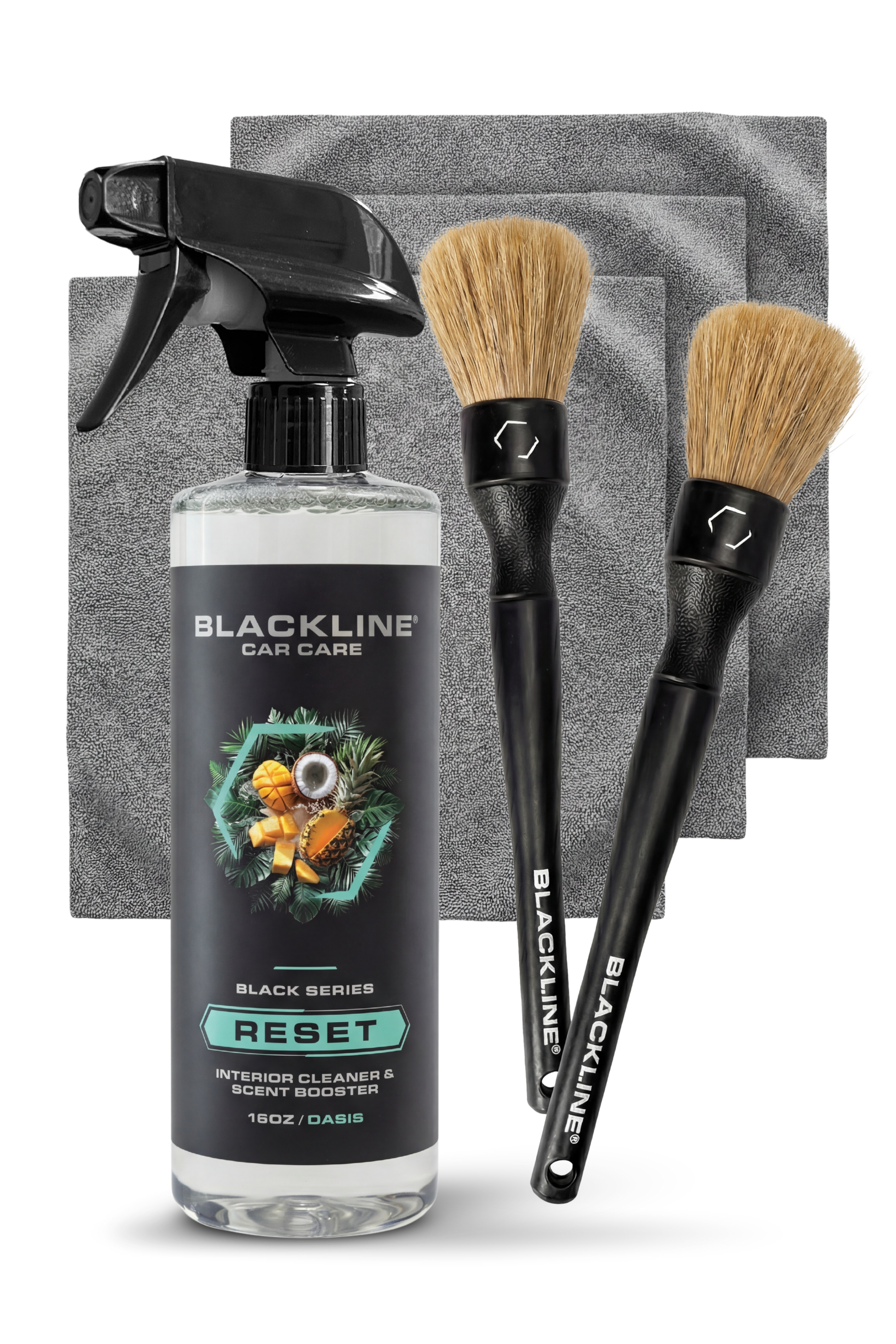 Blackline Car Care BLACKLINE® RESET interior cleaner and scent booster in a dark bottle, designed for car interior cleaning and freshening.