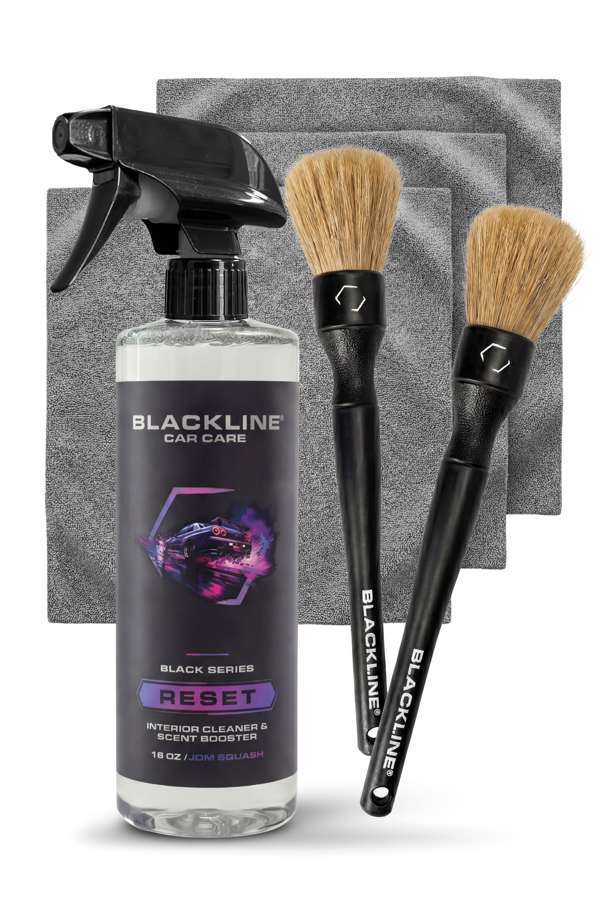 Blackline Car Care BLACKLINE® RESET interior cleaner and scent booster in dark ice bottle, designed for car interior cleaning and freshening.