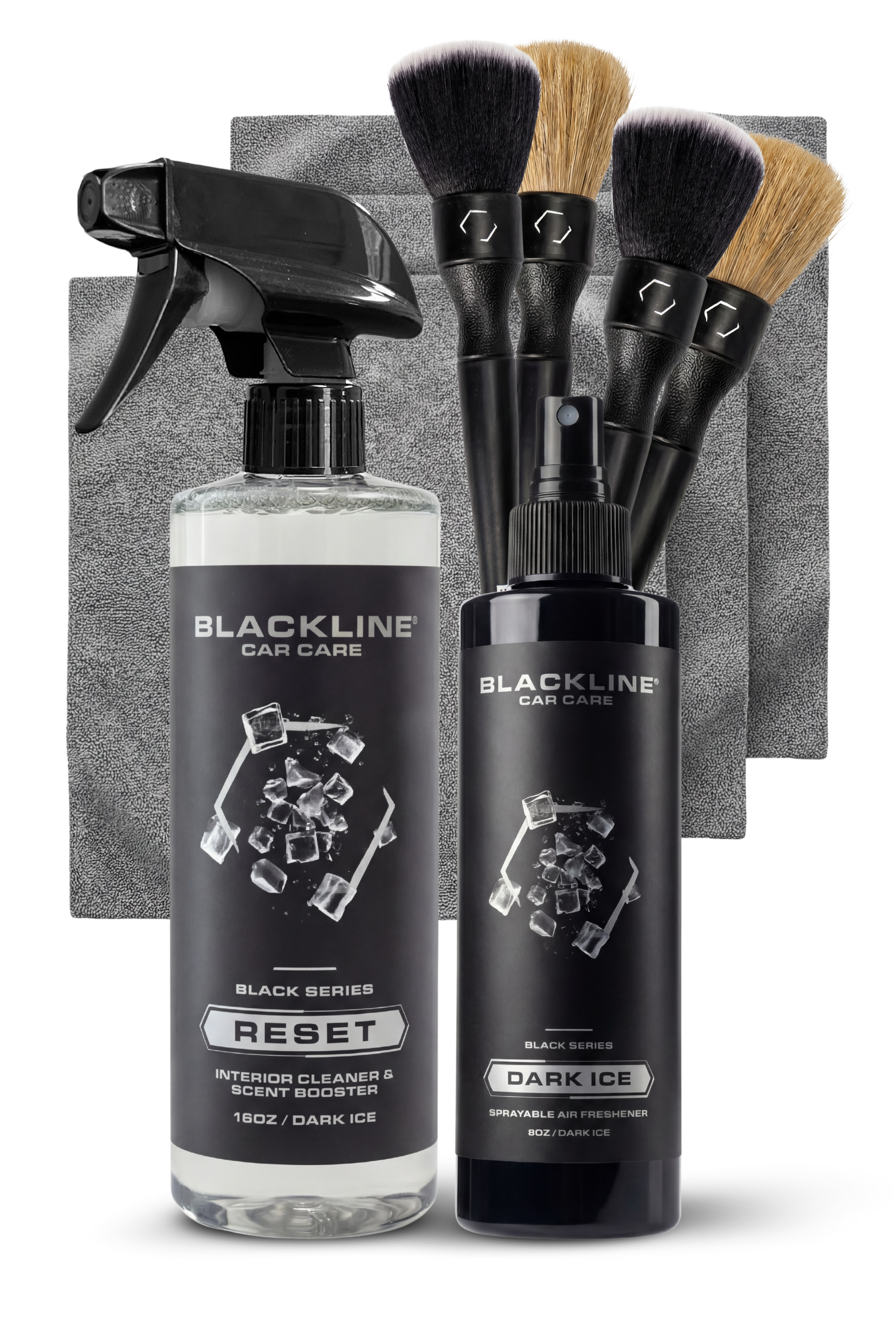 Blackline Car Care BLACKLINE® RESET interior cleaner and scent booster bottle for vehicle cleaning and freshening.