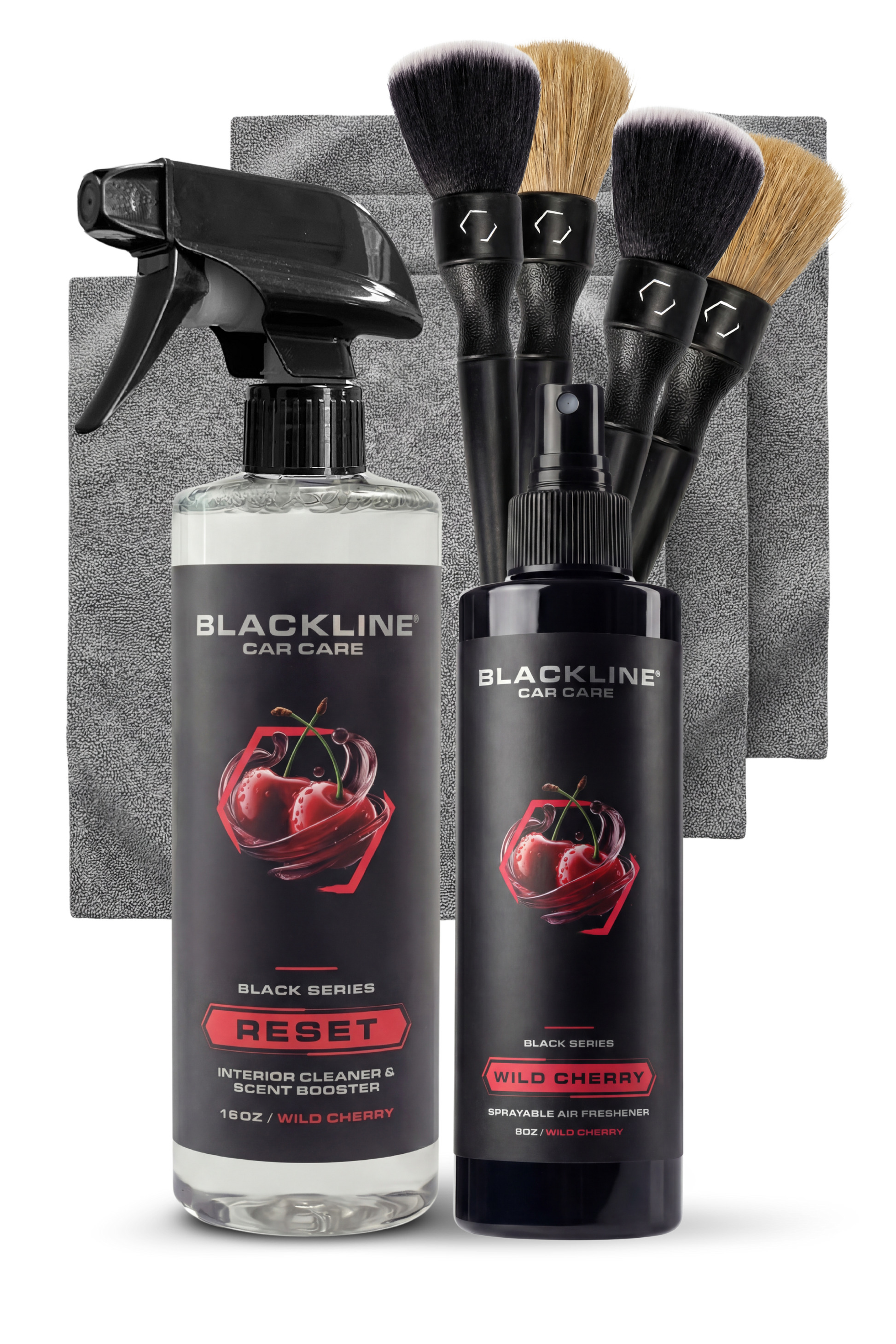 Blackline Car Care BLACKLINE® RESET interior cleaner and scent booster, dark ice scent, in a spray bottle.