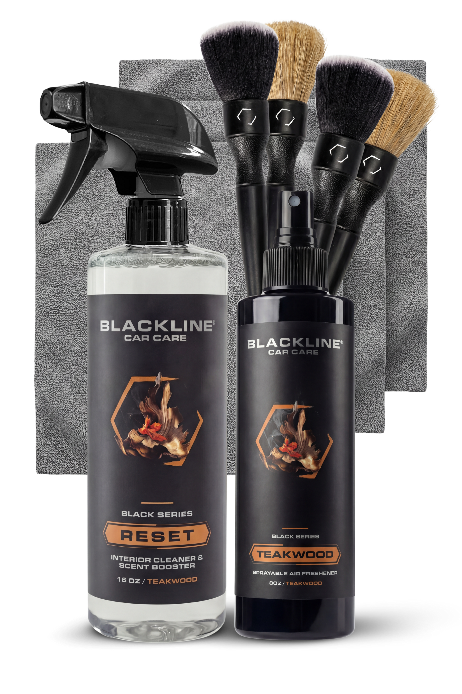 Blackline Car Care BLACKLINE® RESET interior cleaner and scent booster in a spray bottle, designed for car interior cleaning and freshening.