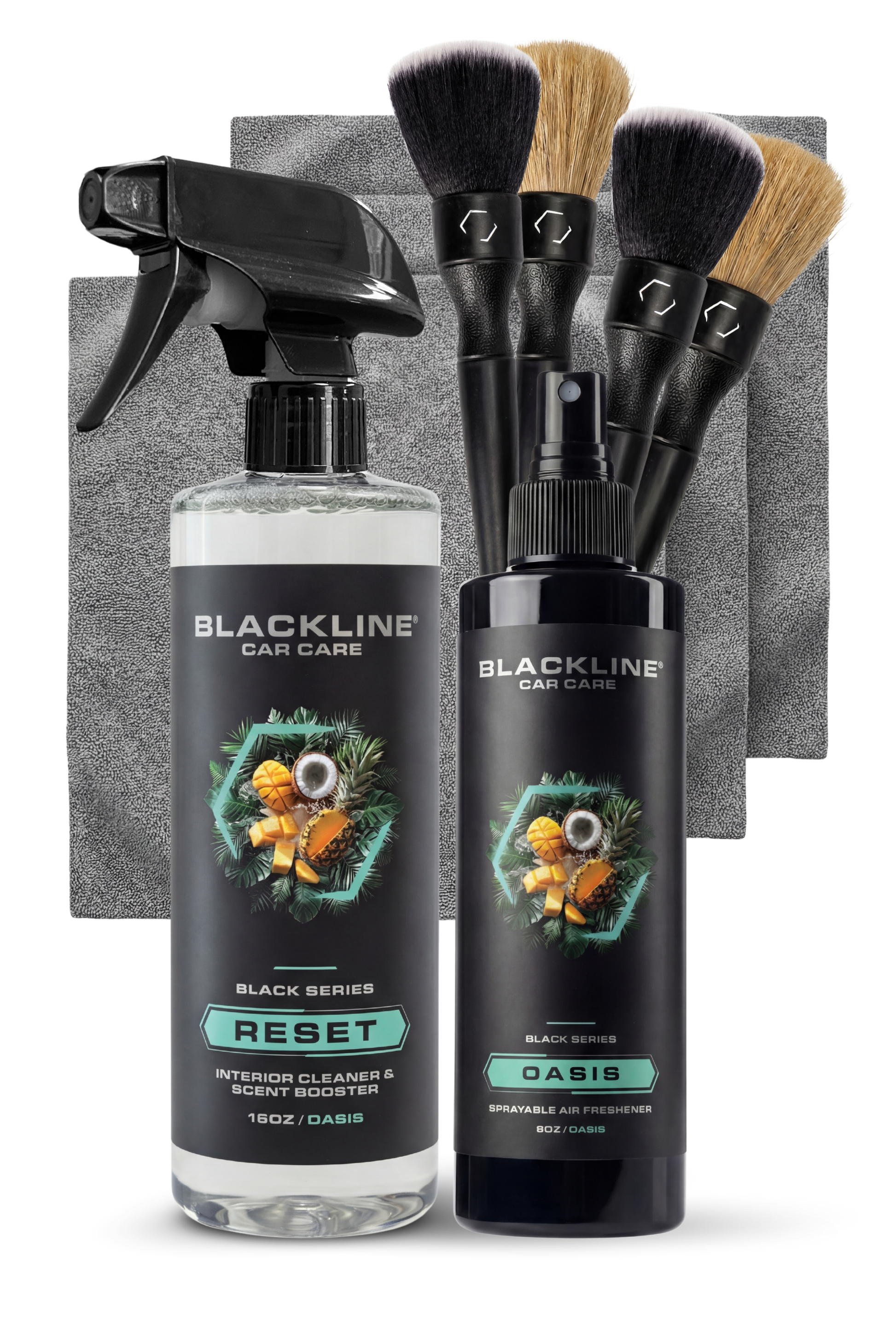 Blackline Car Care BLACKLINE® RESET interior cleaner and scent booster in a bottle with dark ice scent, designed for vehicle interiors.