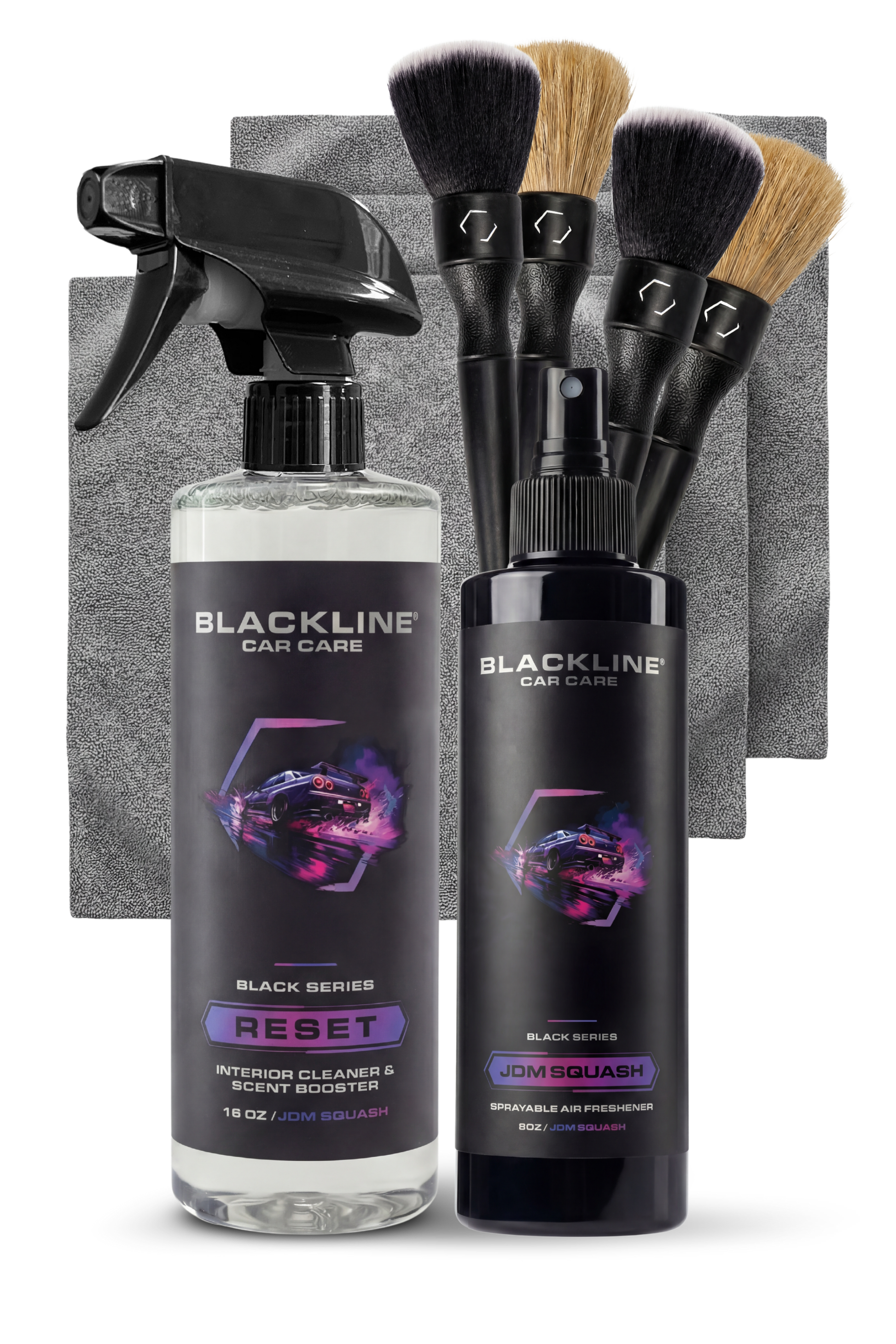 Blackline Car Care BLACKLINE® RESET interior cleaner and scent booster bottle with dark ice scent.