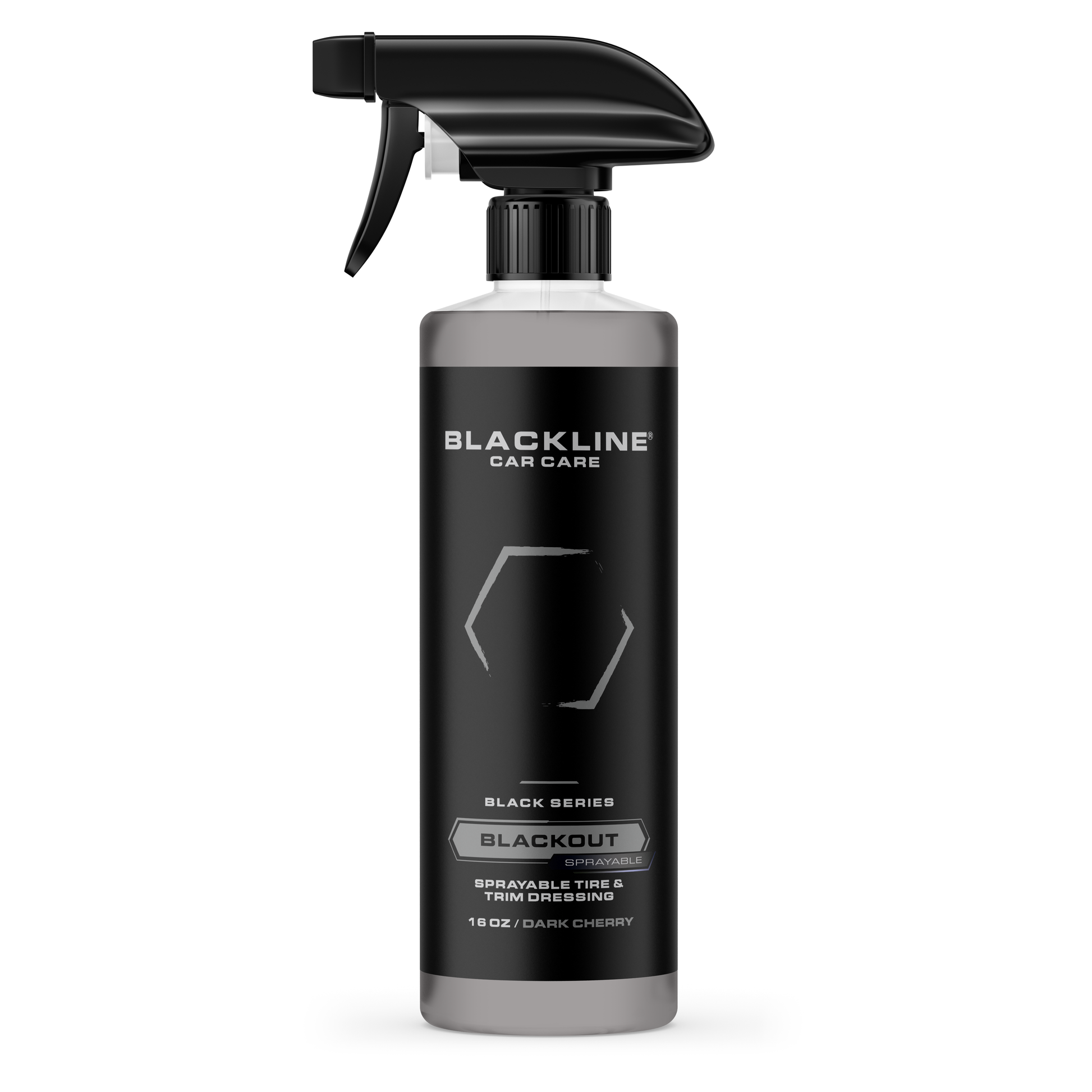 Blackline Car Care BLACKLINE® Blackout Trim & Tire Dressing spray on a vehicle's tire and trim for a sleek, glossy finish.