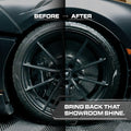 Blackline Car Care BLACKLINE® Blackout Trim and Tire Dressing spray applied to car trim and tires for a sleek, finished look.