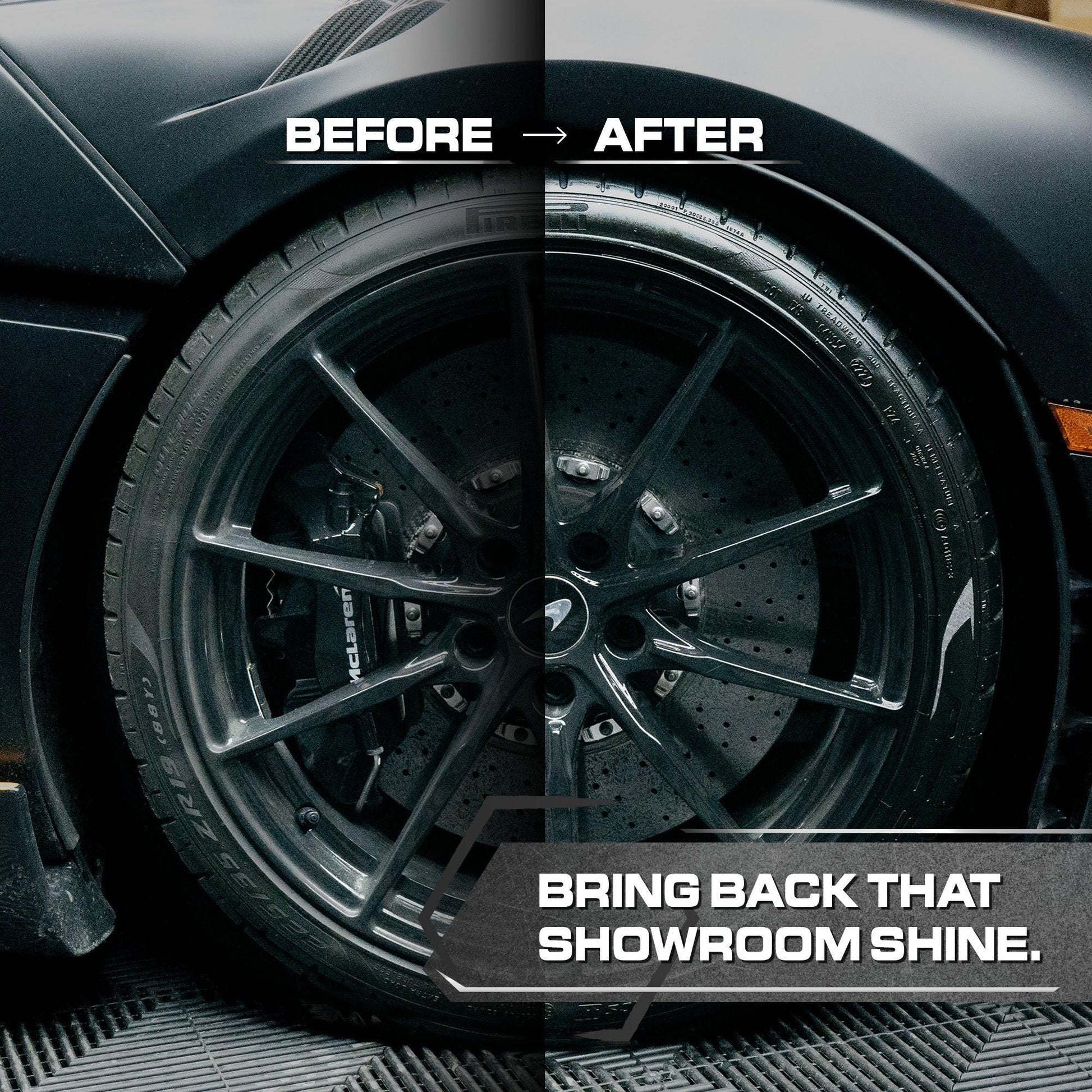 Blackline Car Care BLACKLINE® Blackout Trim and Tire Dressing spray applied to car trim and tires for a sleek, finished look.