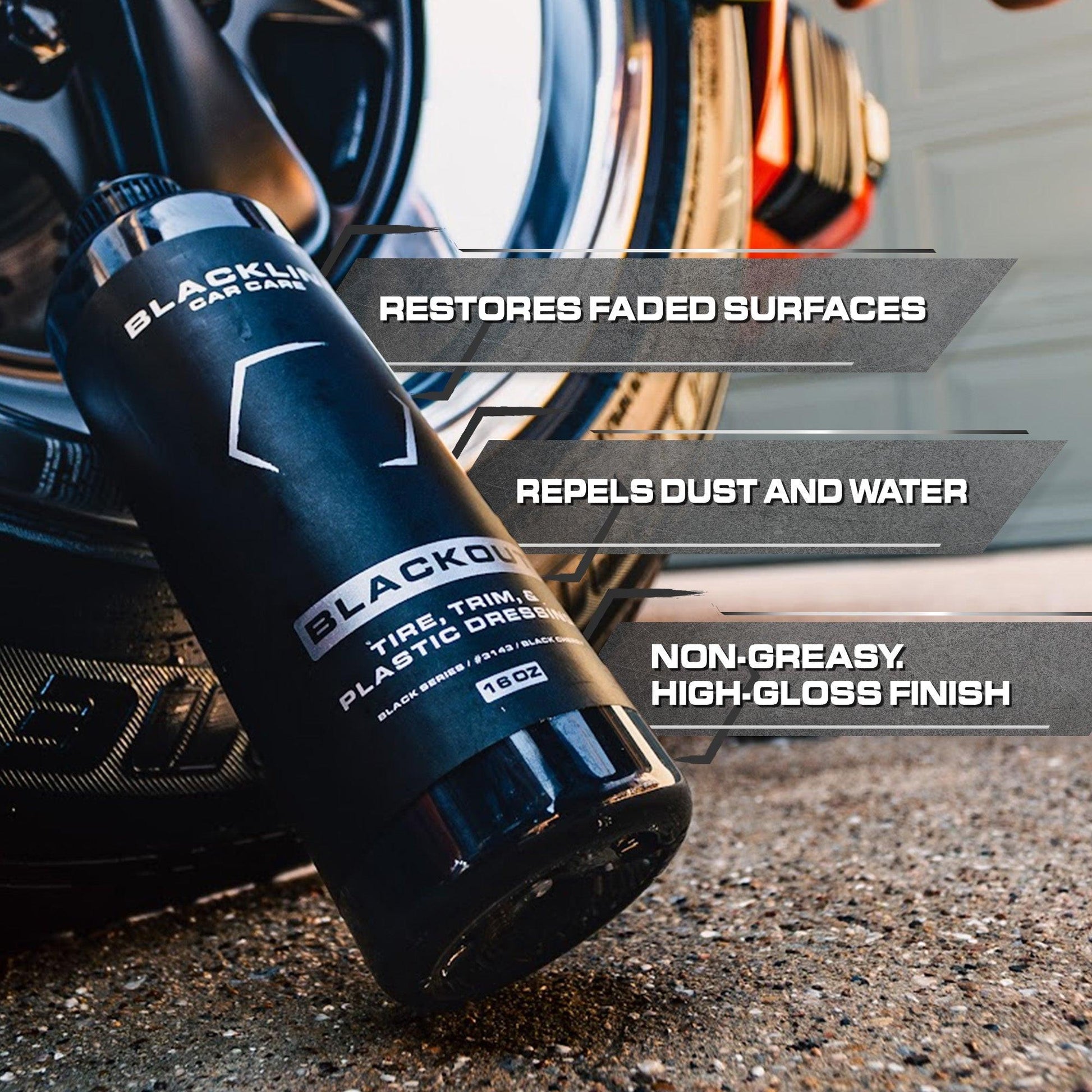 Blackline Car Care BLACKLINE® Blackout Trim & Tire Dressing spray bottle with black label and white text.