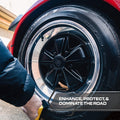 Blackline Car Care BLACKLINE® Blackout Trim & Tire Dressing spray on car tires and trim for a sleek, conditioned appearance.