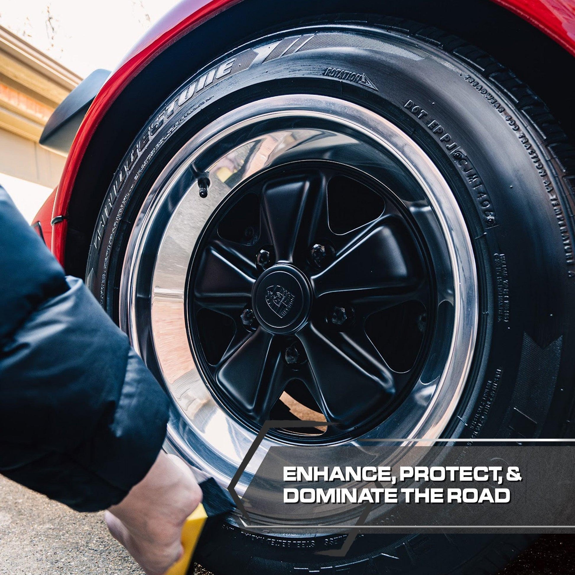 Blackline Car Care BLACKLINE® Blackout Trim & Tire Dressing spray on car tires and trim for a sleek, conditioned appearance.