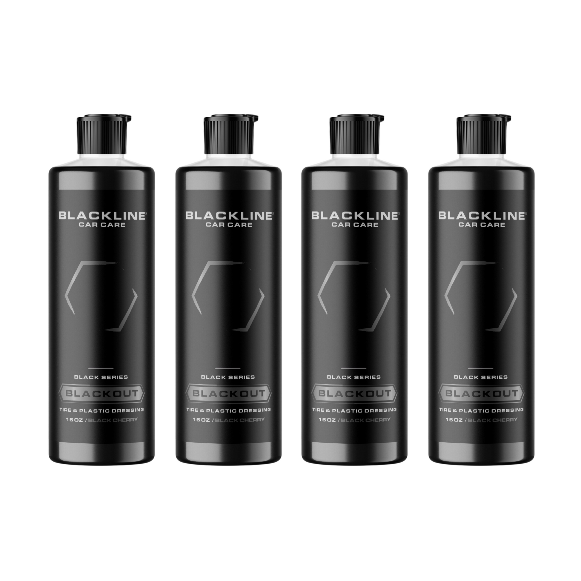 Blackline Car Care BLACKLINE® Blackout Trim & Tire Dressing spray applied to car trim and tires for a sleek, glossy finish.